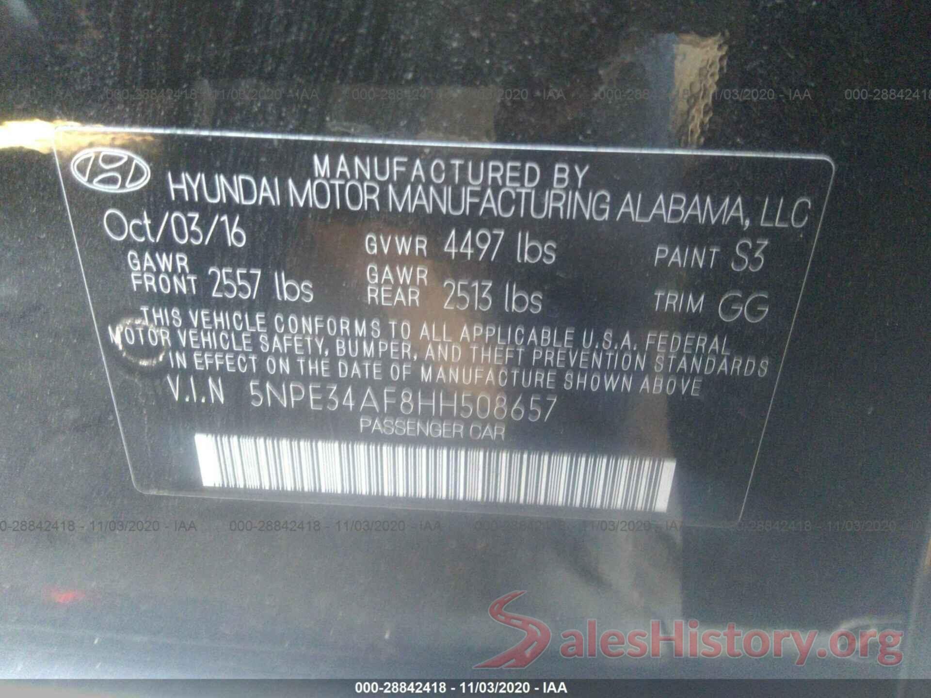 5NPE34AF8HH508657 2017 HYUNDAI SONATA