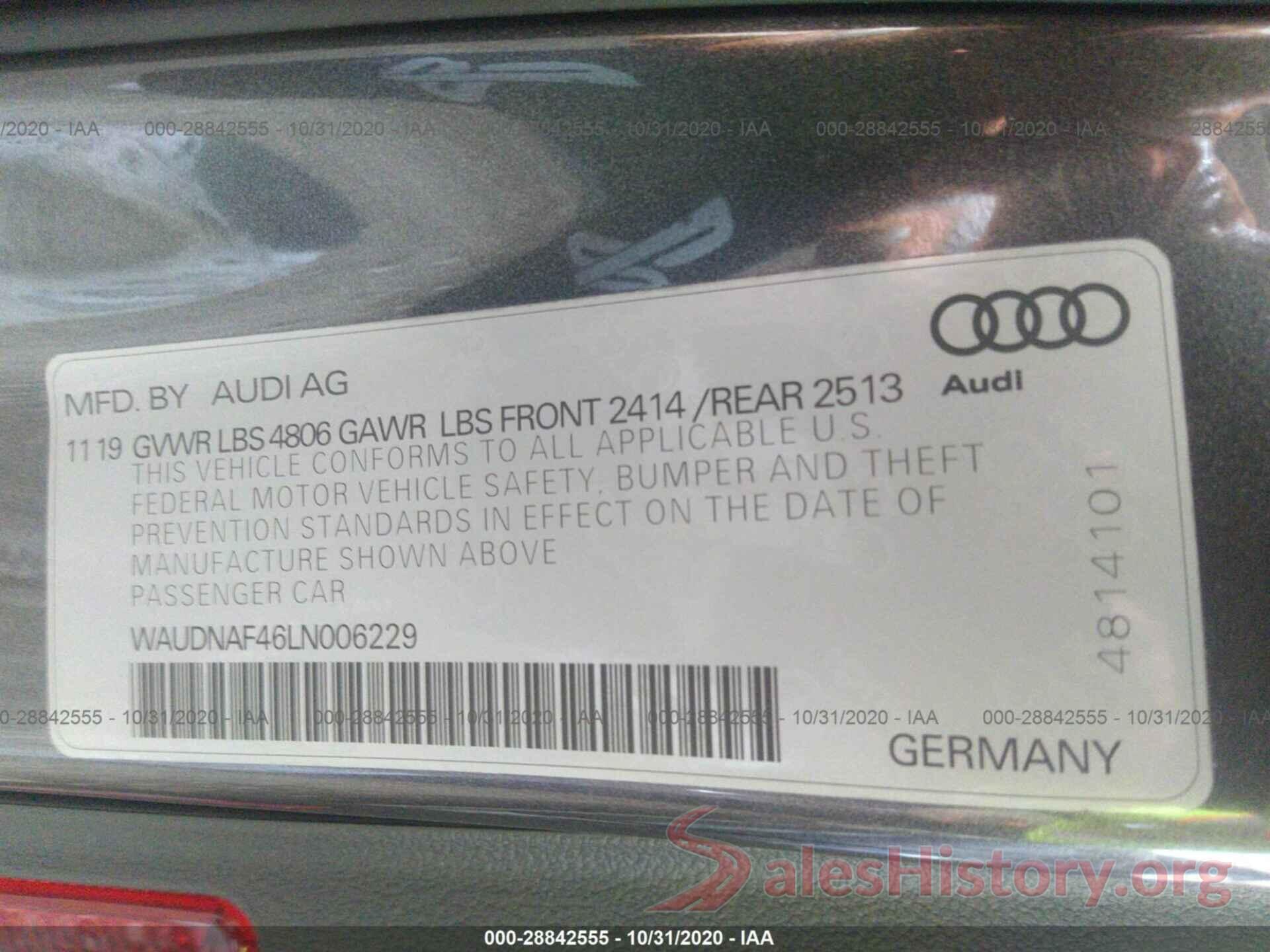 WAUDNAF46LN006229 2020 AUDI A4