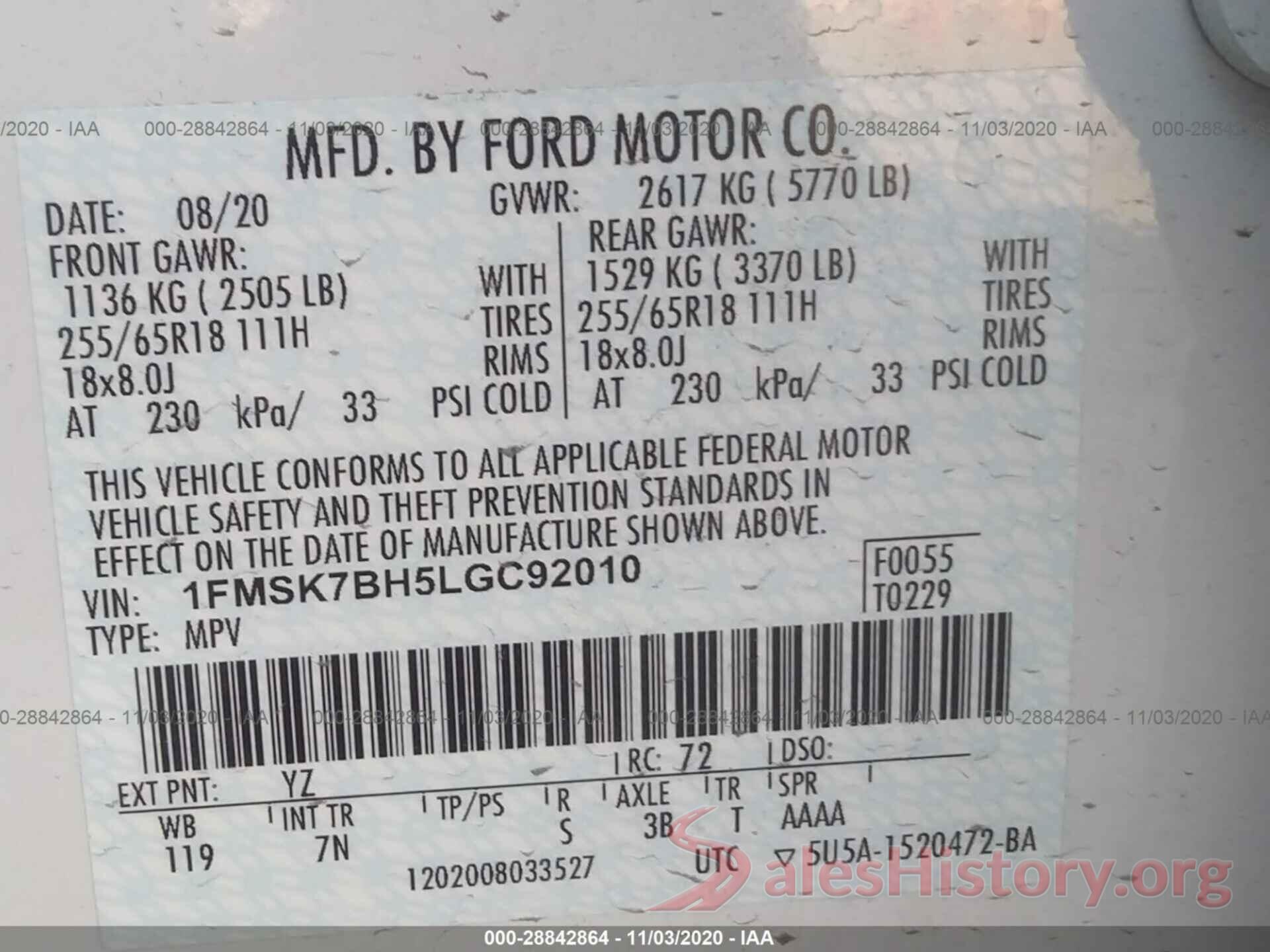 1FMSK7BH5LGC92010 2020 FORD EXPLORER