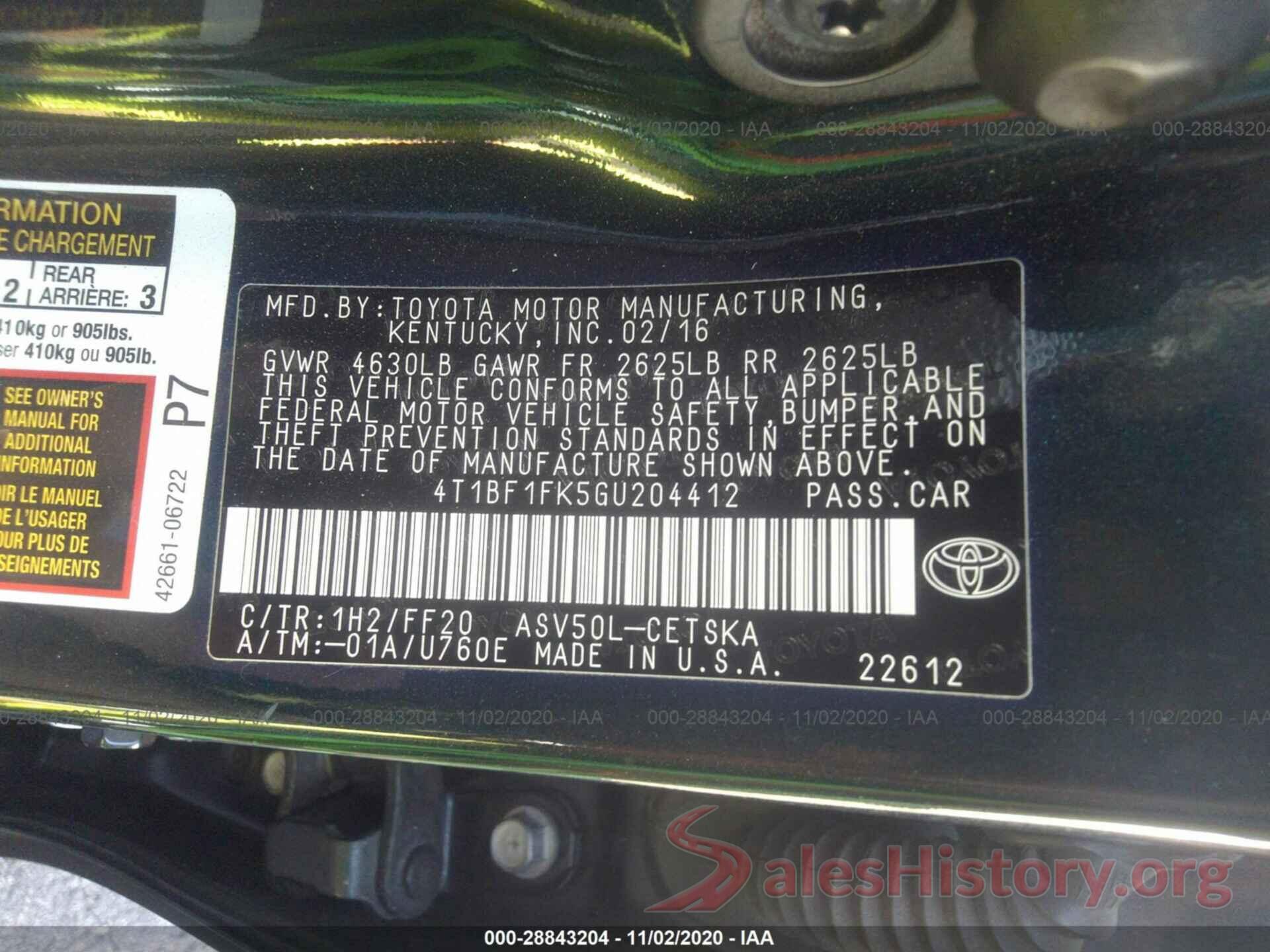 4T1BF1FK5GU204412 2016 TOYOTA CAMRY