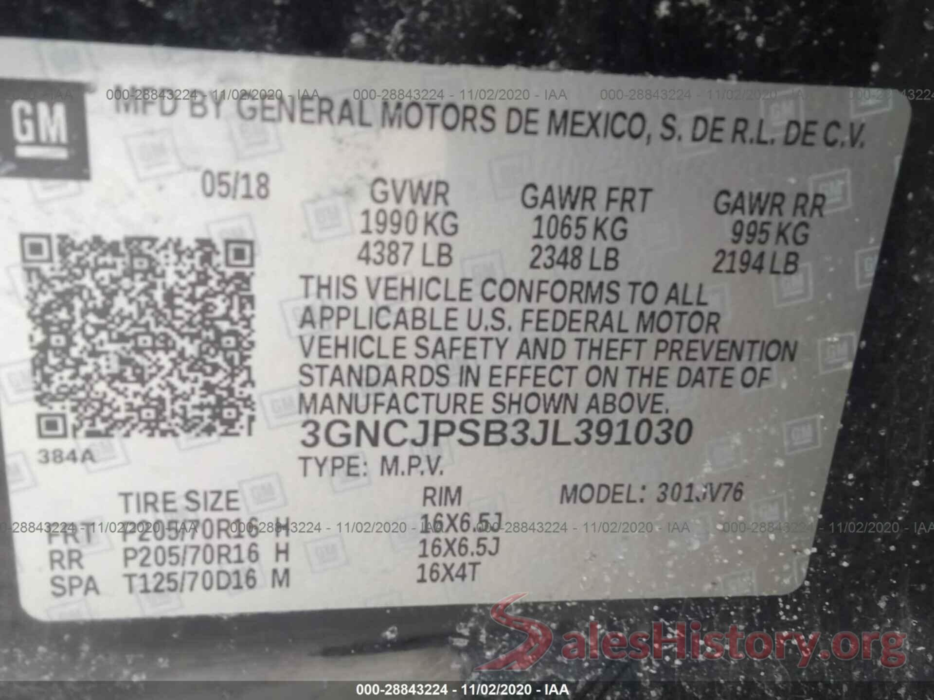 3GNCJPSB3JL391030 2018 CHEVROLET TRAX