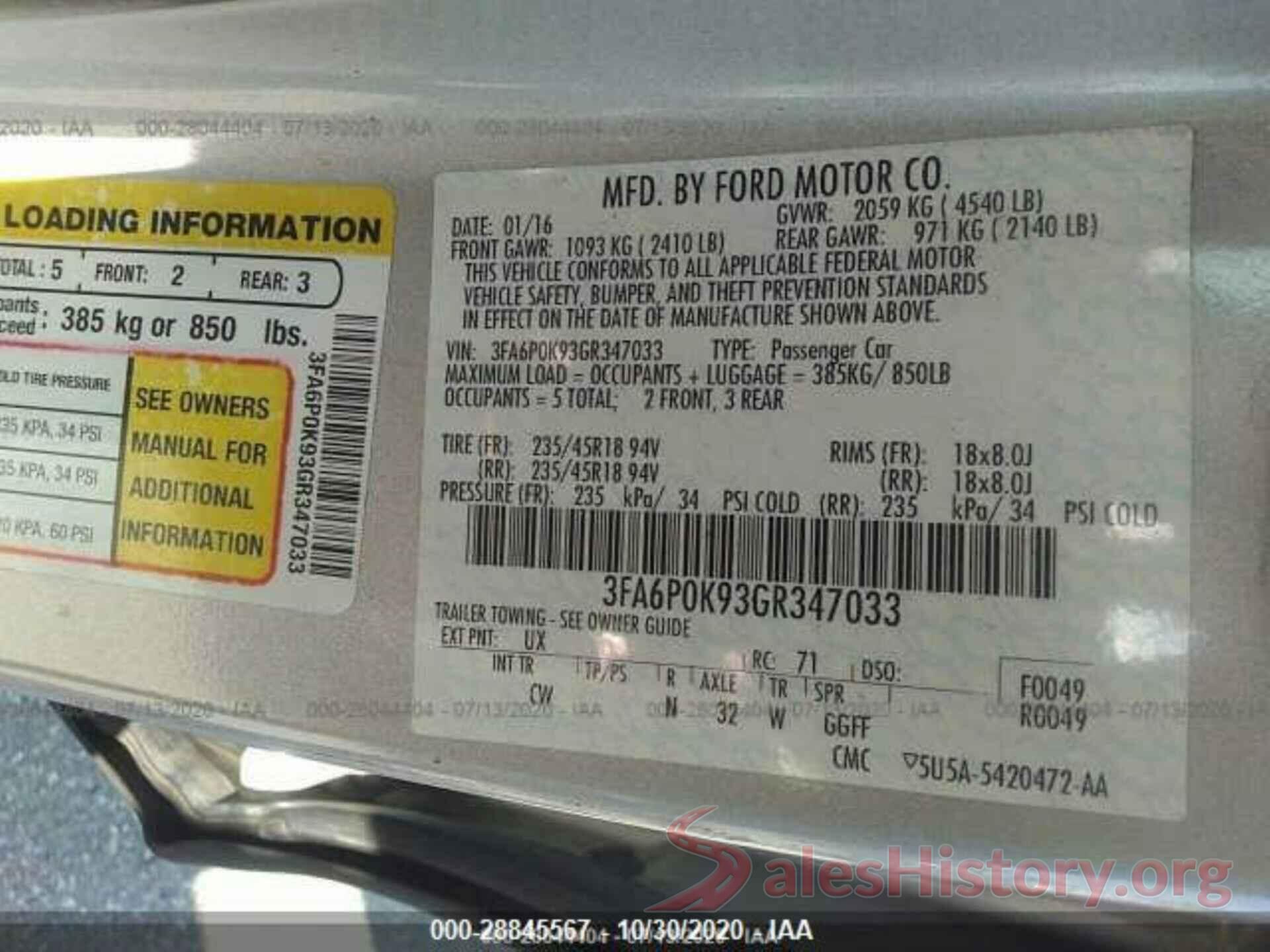 3FA6P0K93GR347033 2016 FORD FUSION