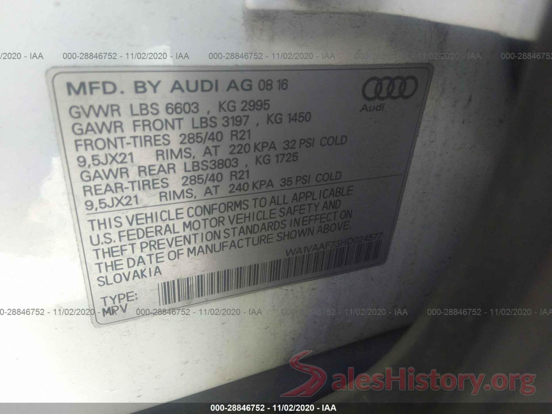 WA1VAAF73HD024577 2017 AUDI Q7