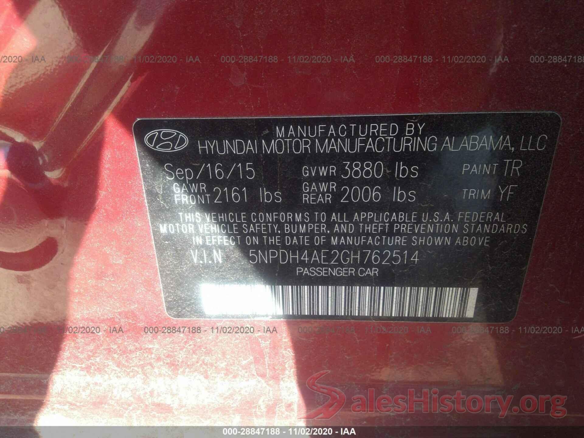 5NPDH4AE2GH762514 2016 HYUNDAI ELANTRA