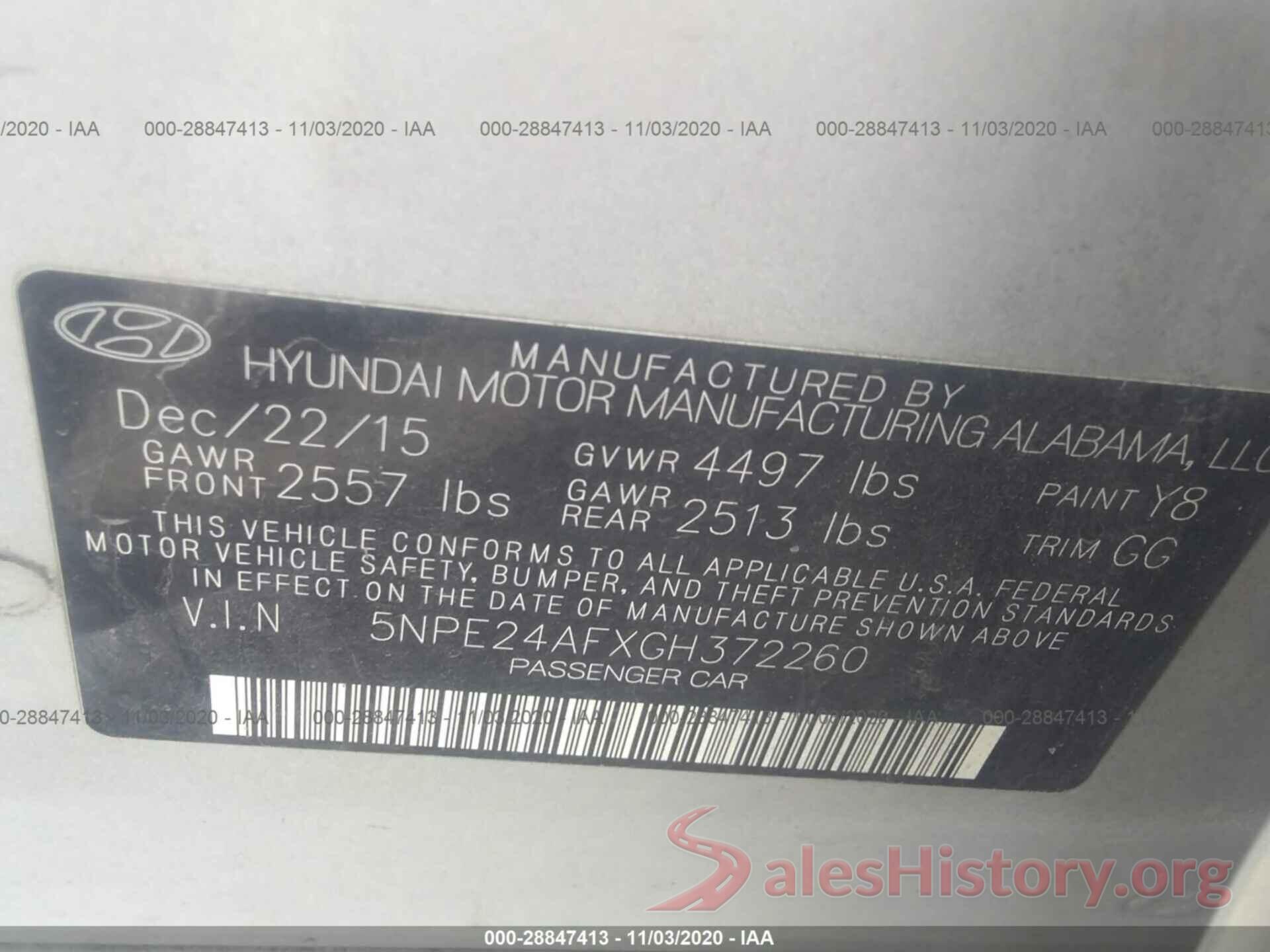 5NPE24AFXGH372260 2016 HYUNDAI SONATA