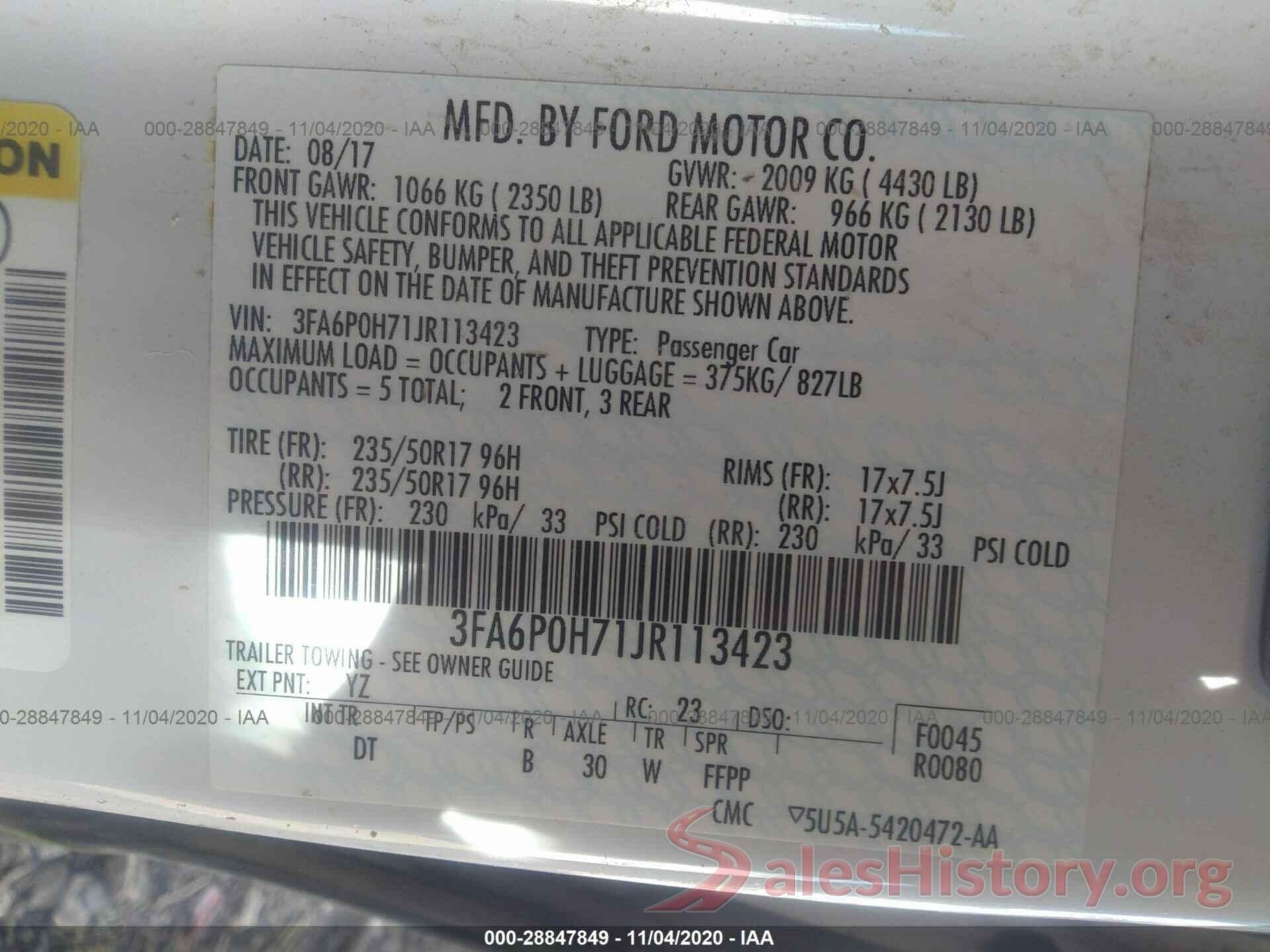 3FA6P0H71JR113423 2018 FORD FUSION