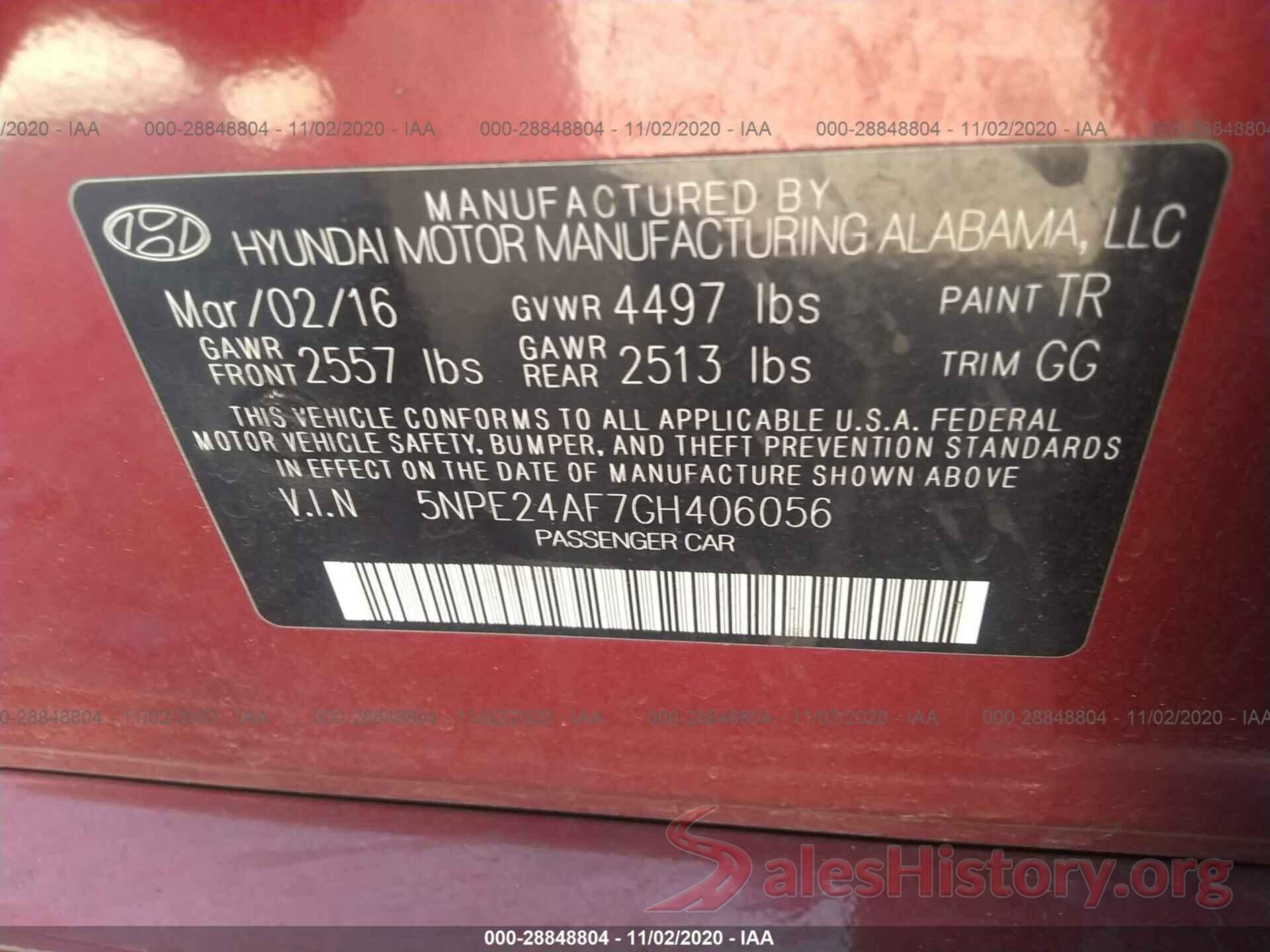 5NPE24AF7GH406056 2016 HYUNDAI SONATA