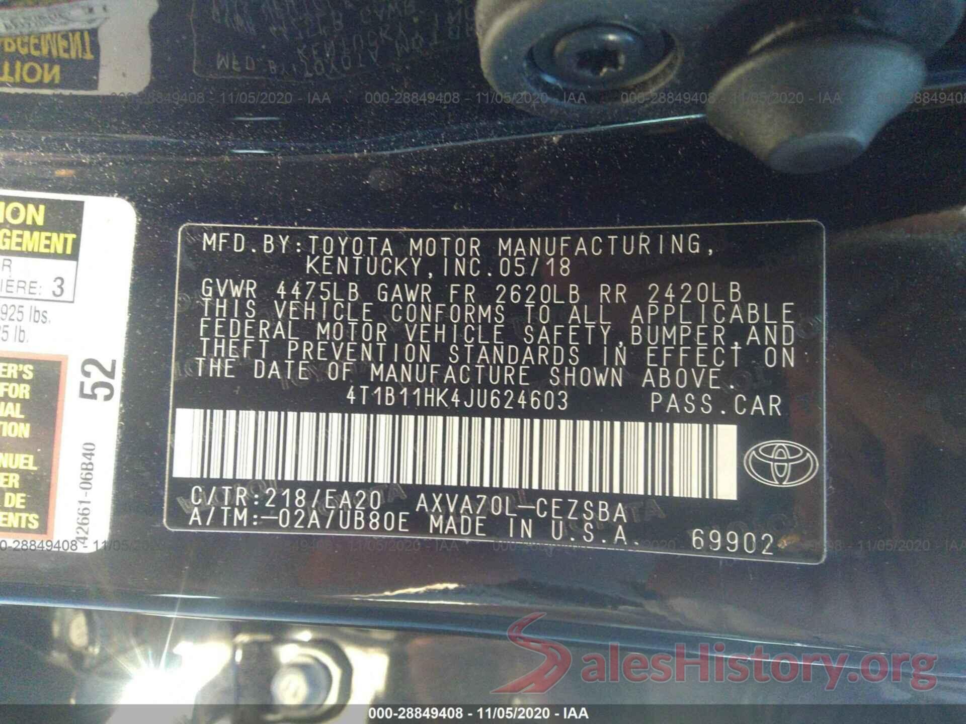 4T1B11HK4JU624603 2018 TOYOTA CAMRY