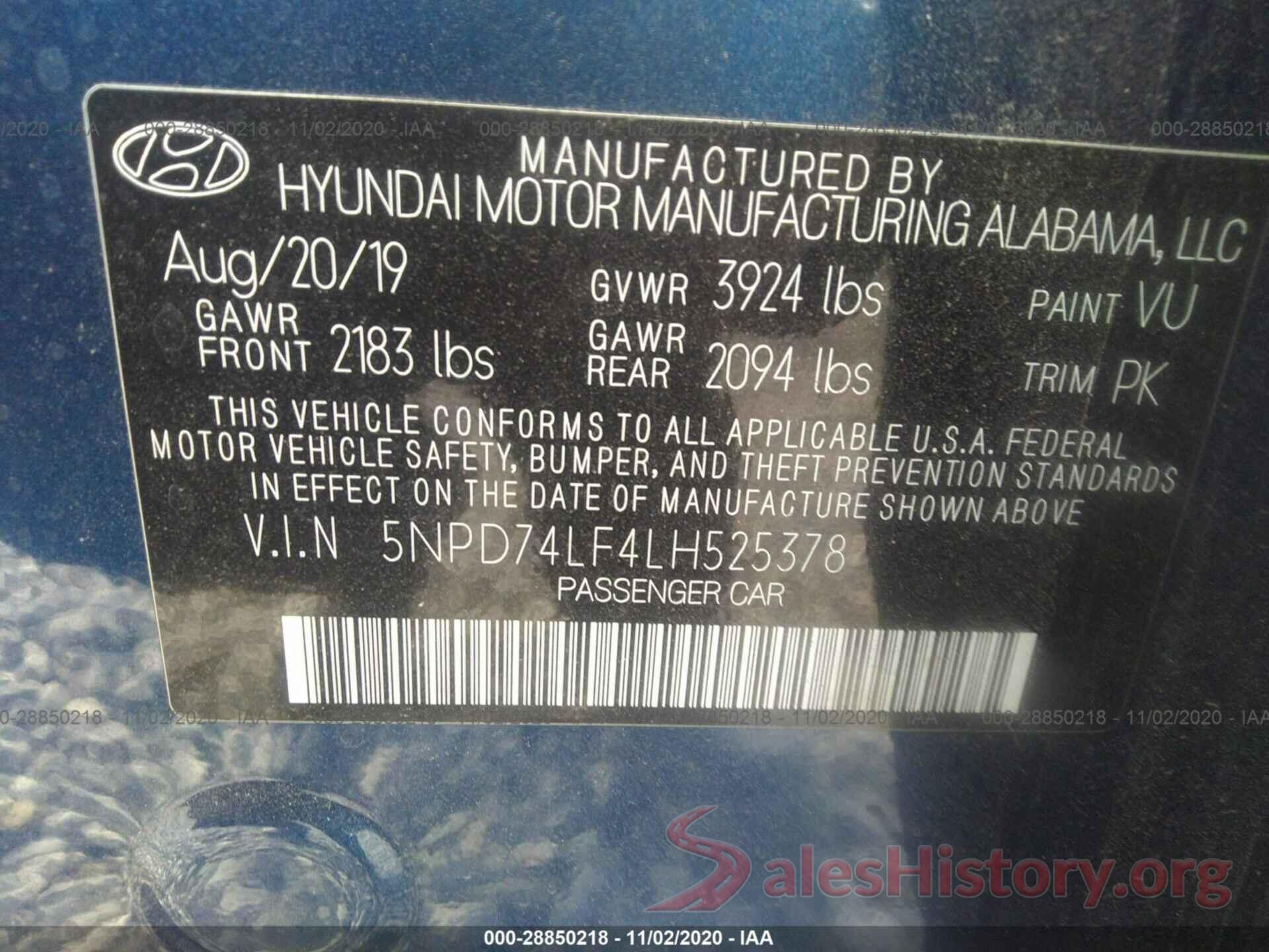 5NPD74LF4LH525378 2020 HYUNDAI ELANTRA