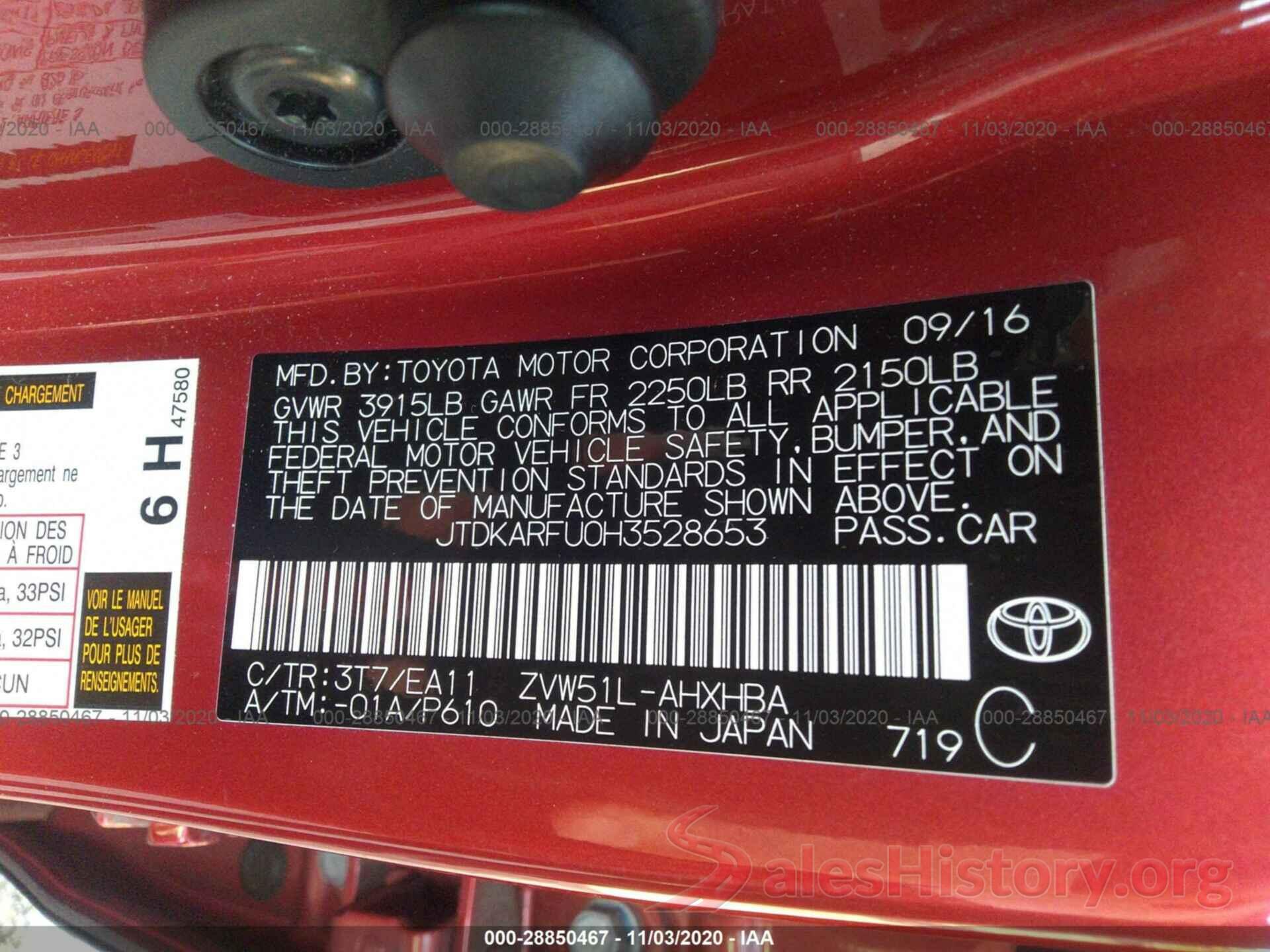 JTDKARFU0H3528653 2017 TOYOTA PRIUS