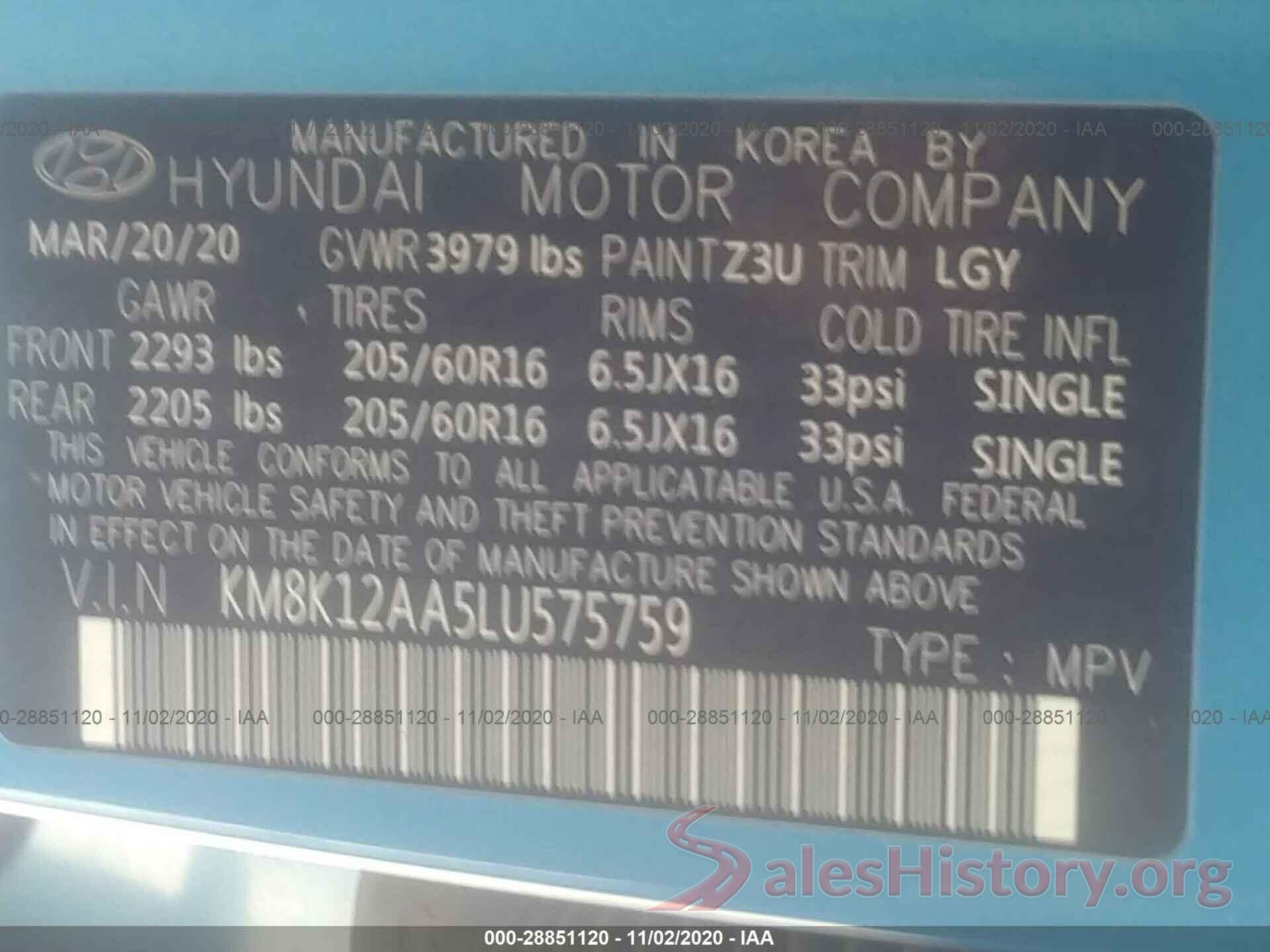 KM8K12AA5LU575759 2020 HYUNDAI KONA