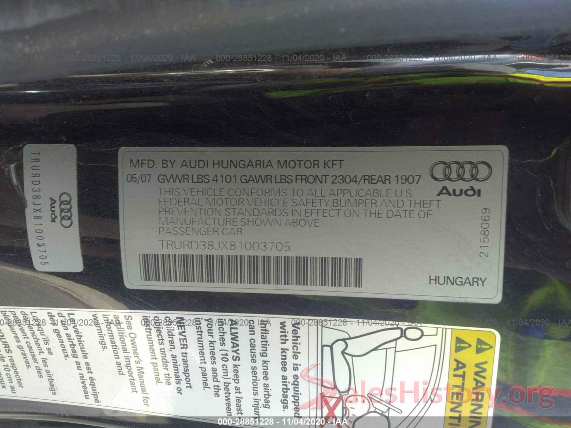 TRURD38JX81003705 2008 AUDI TT