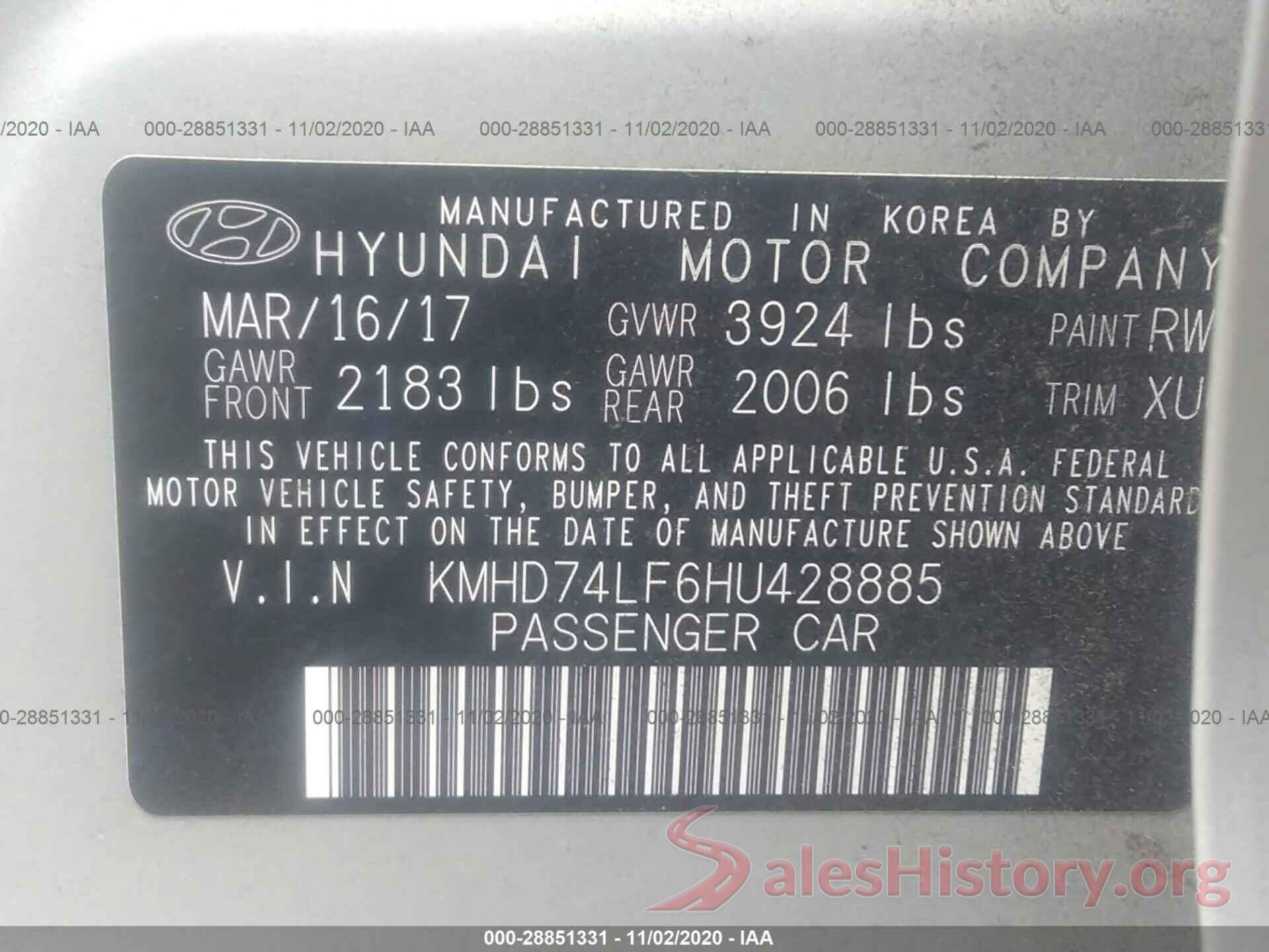 KMHD74LF6HU428885 2017 HYUNDAI ELANTRA