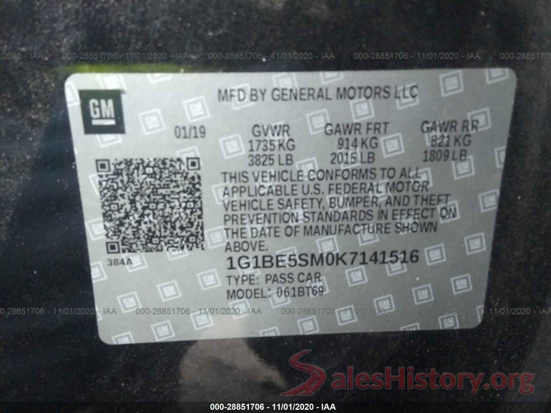 1G1BE5SM0K7141516 2019 CHEVROLET CRUZE