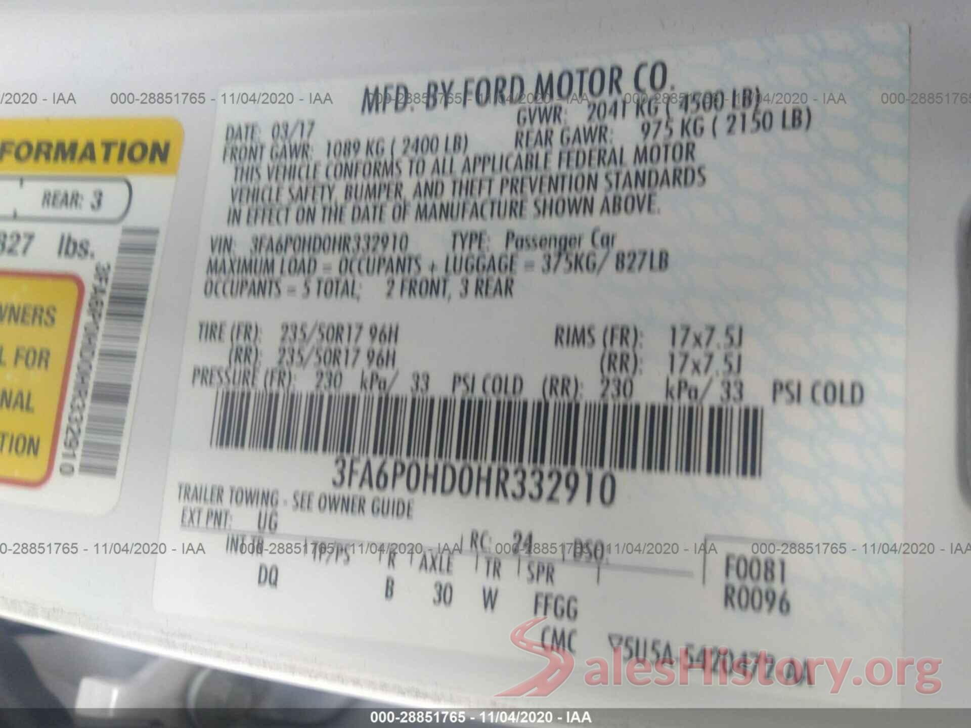 3FA6P0HD0HR332910 2017 FORD FUSION