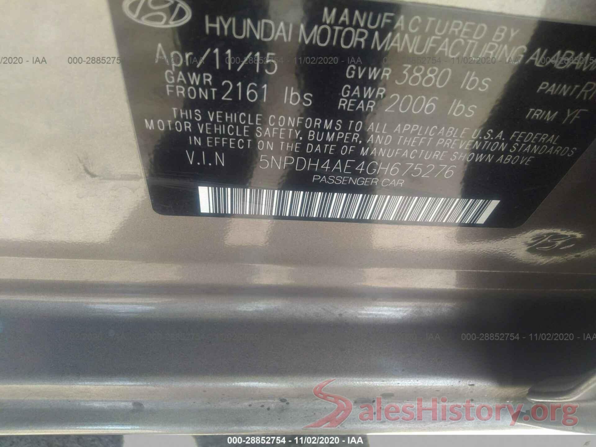 5NPDH4AE4GH675276 2016 HYUNDAI ELANTRA