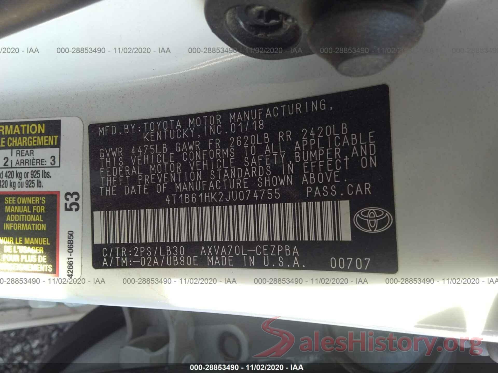 4T1B61HK2JU074755 2018 TOYOTA CAMRY