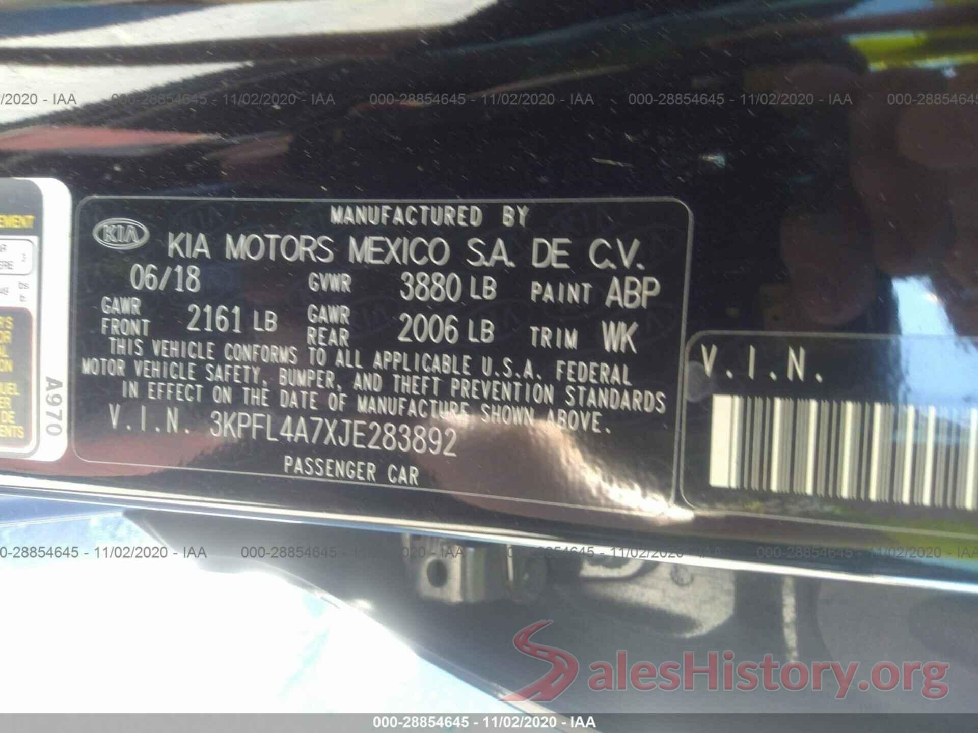 3KPFL4A7XJE283892 2018 KIA FORTE