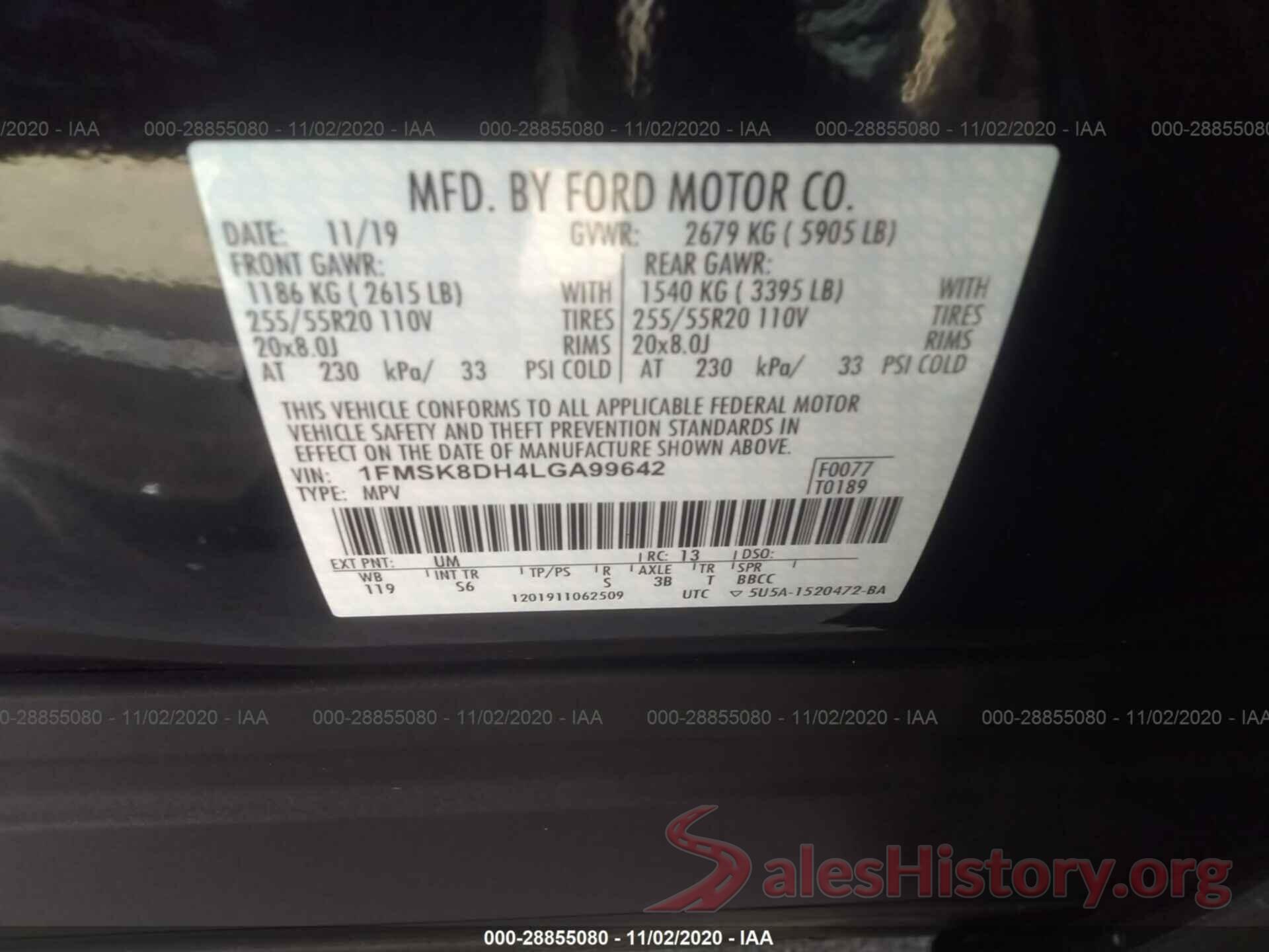 1FMSK8DH4LGA99642 2020 FORD EXPLORER