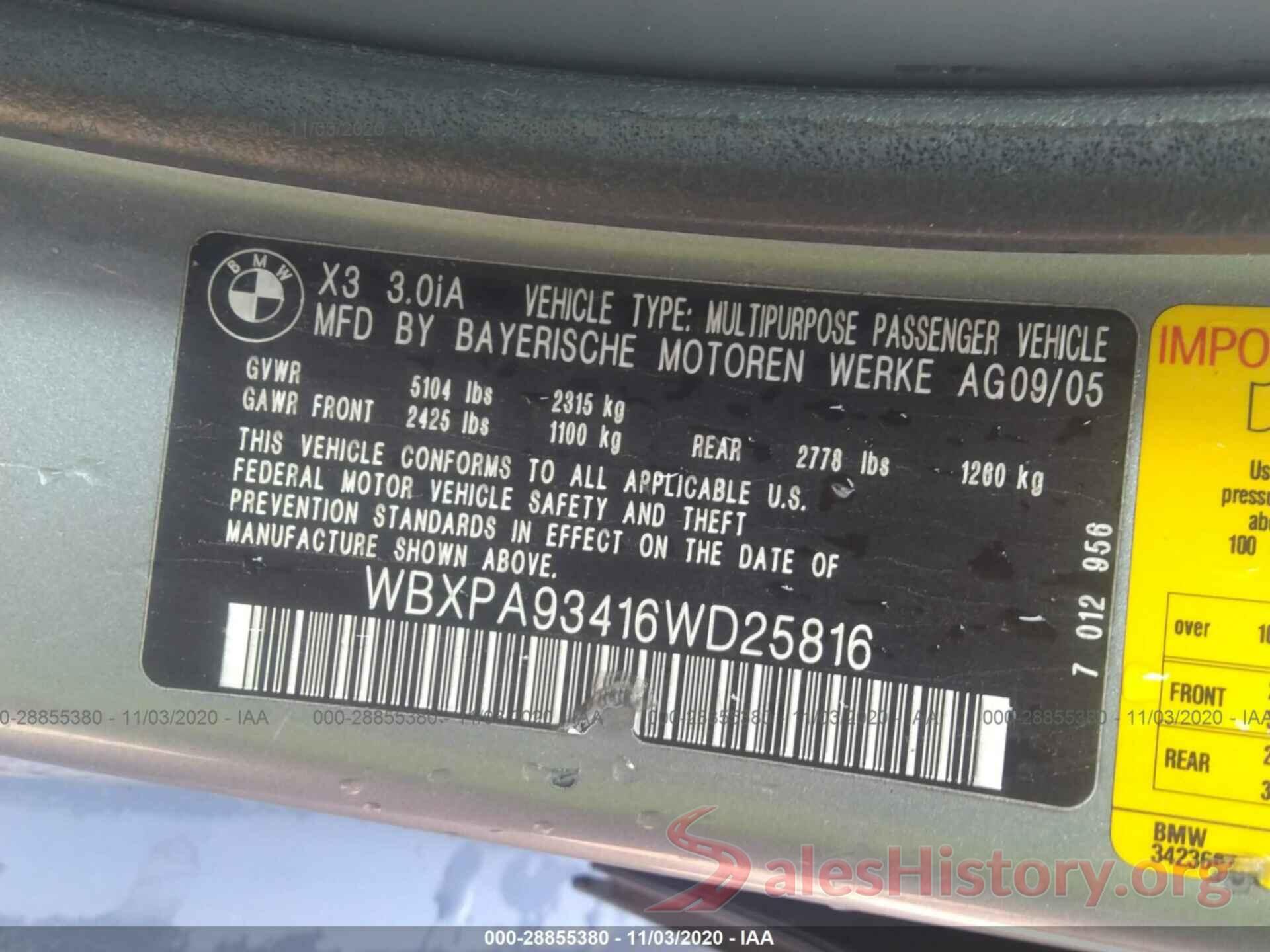 WBXPA93416WD25816 2006 BMW X3