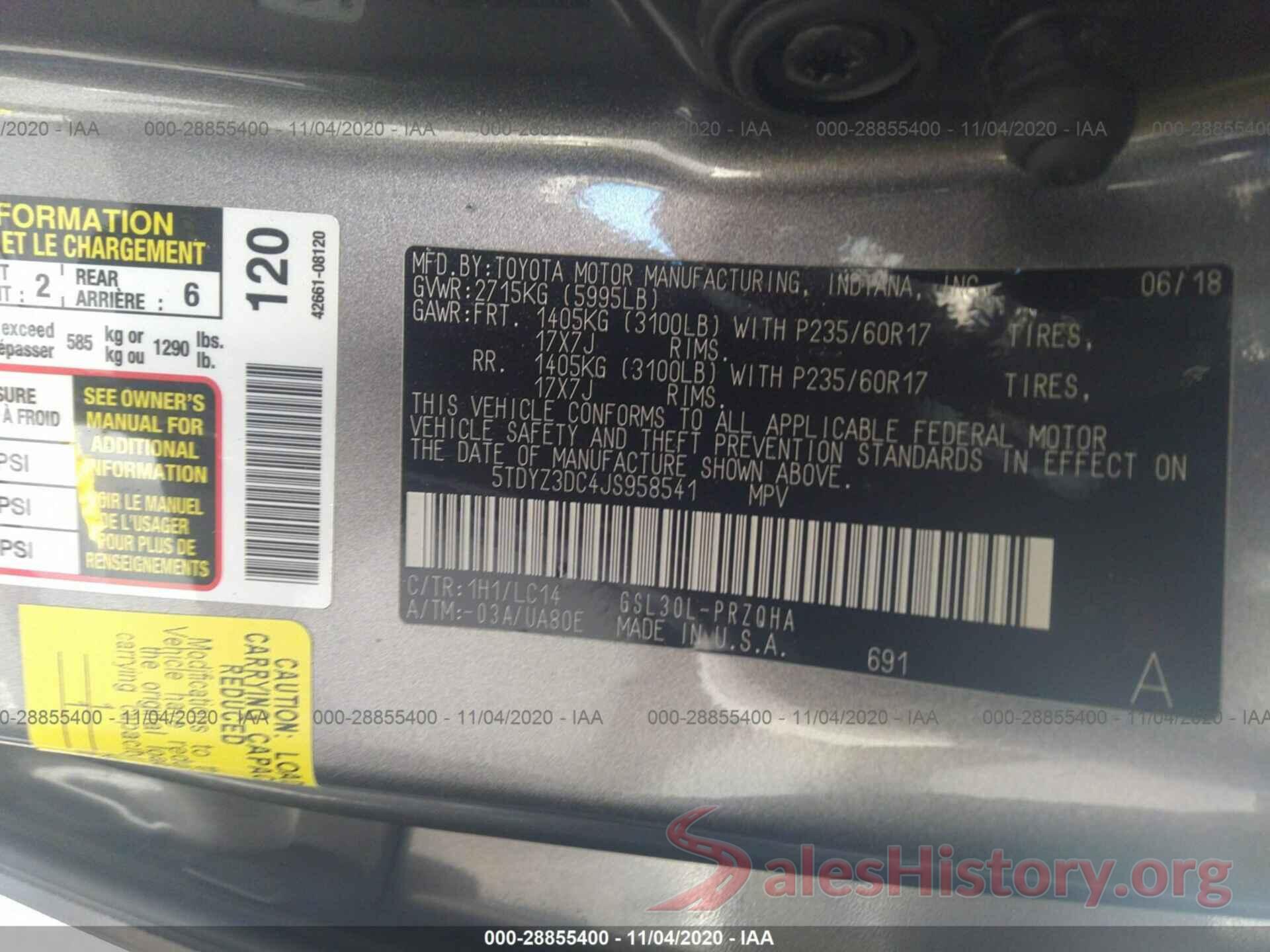 5TDYZ3DC4JS958541 2018 TOYOTA SIENNA