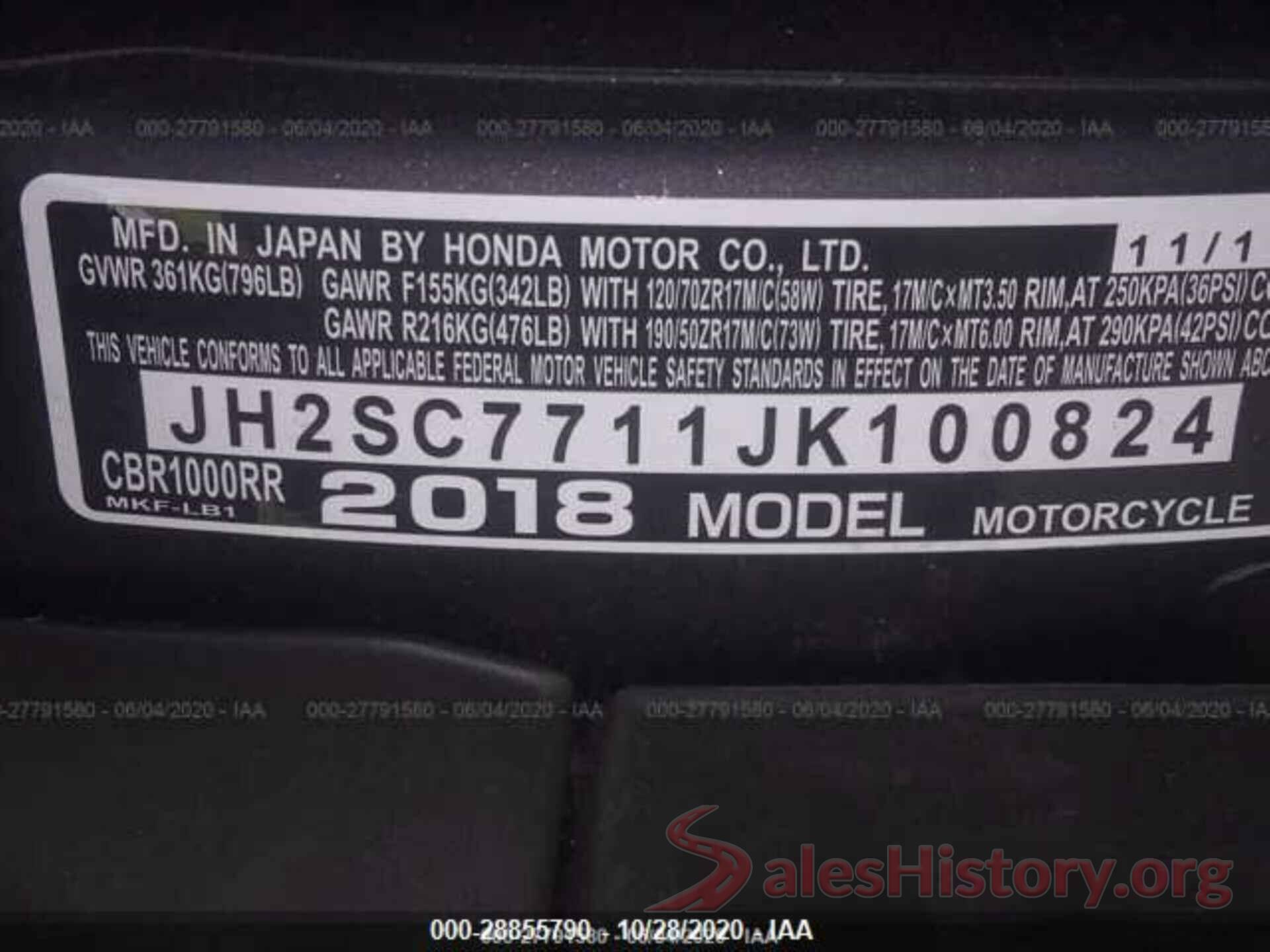 JH2SC7711JK100824 2018 HONDA CBR1000