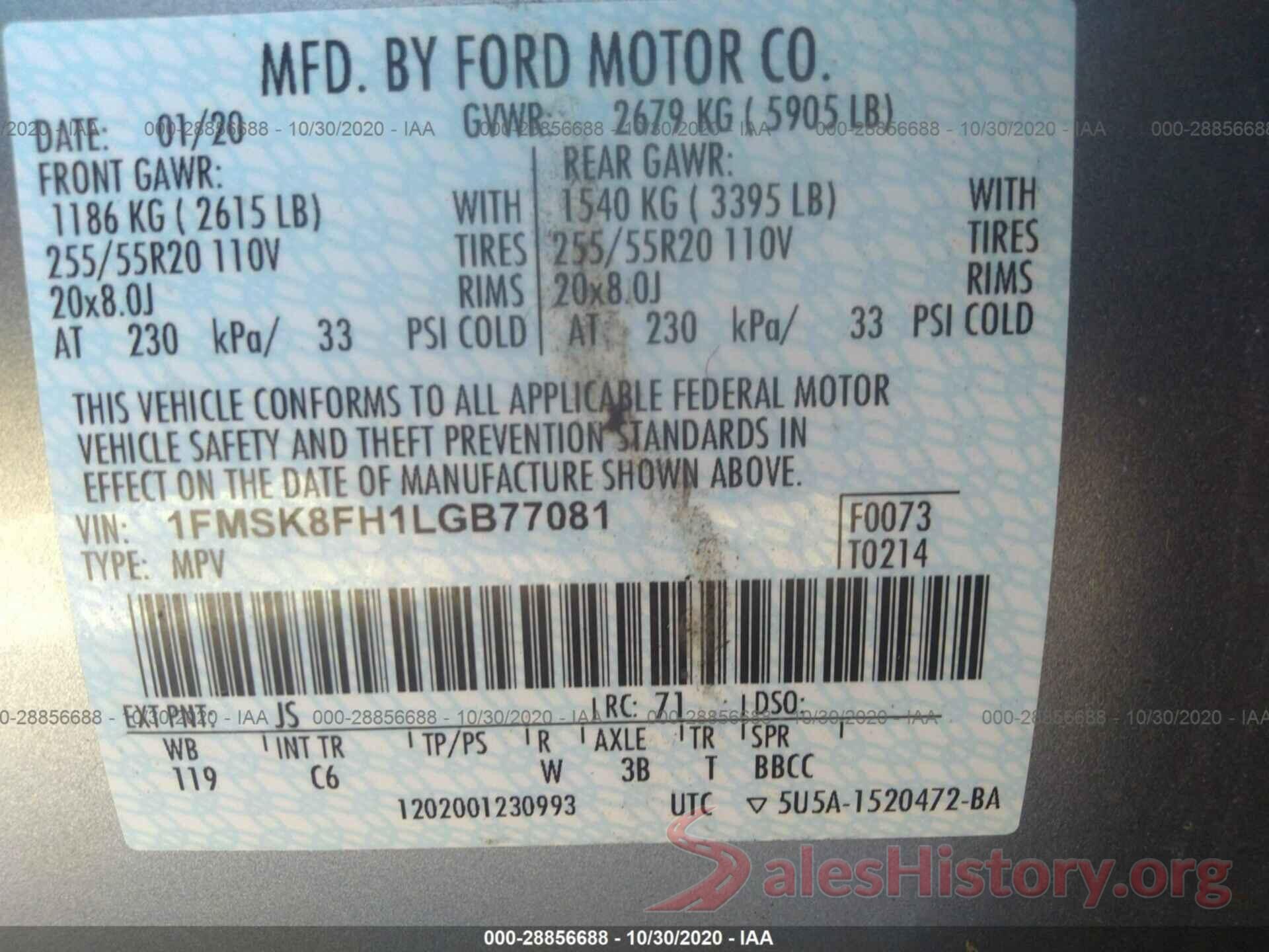 1FMSK8FH1LGB77081 2020 FORD EXPLORER