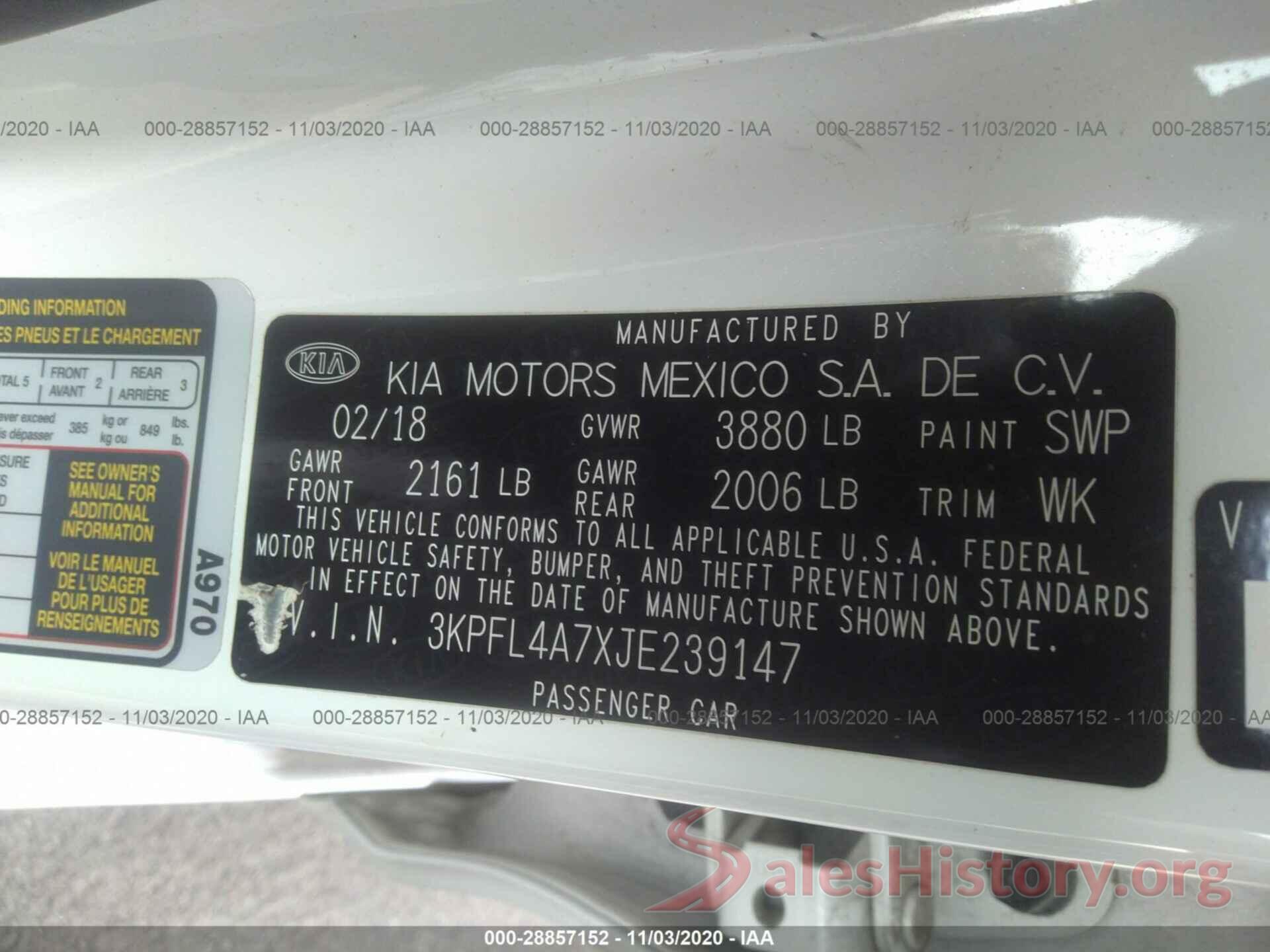 3KPFL4A7XJE239147 2018 KIA FORTE