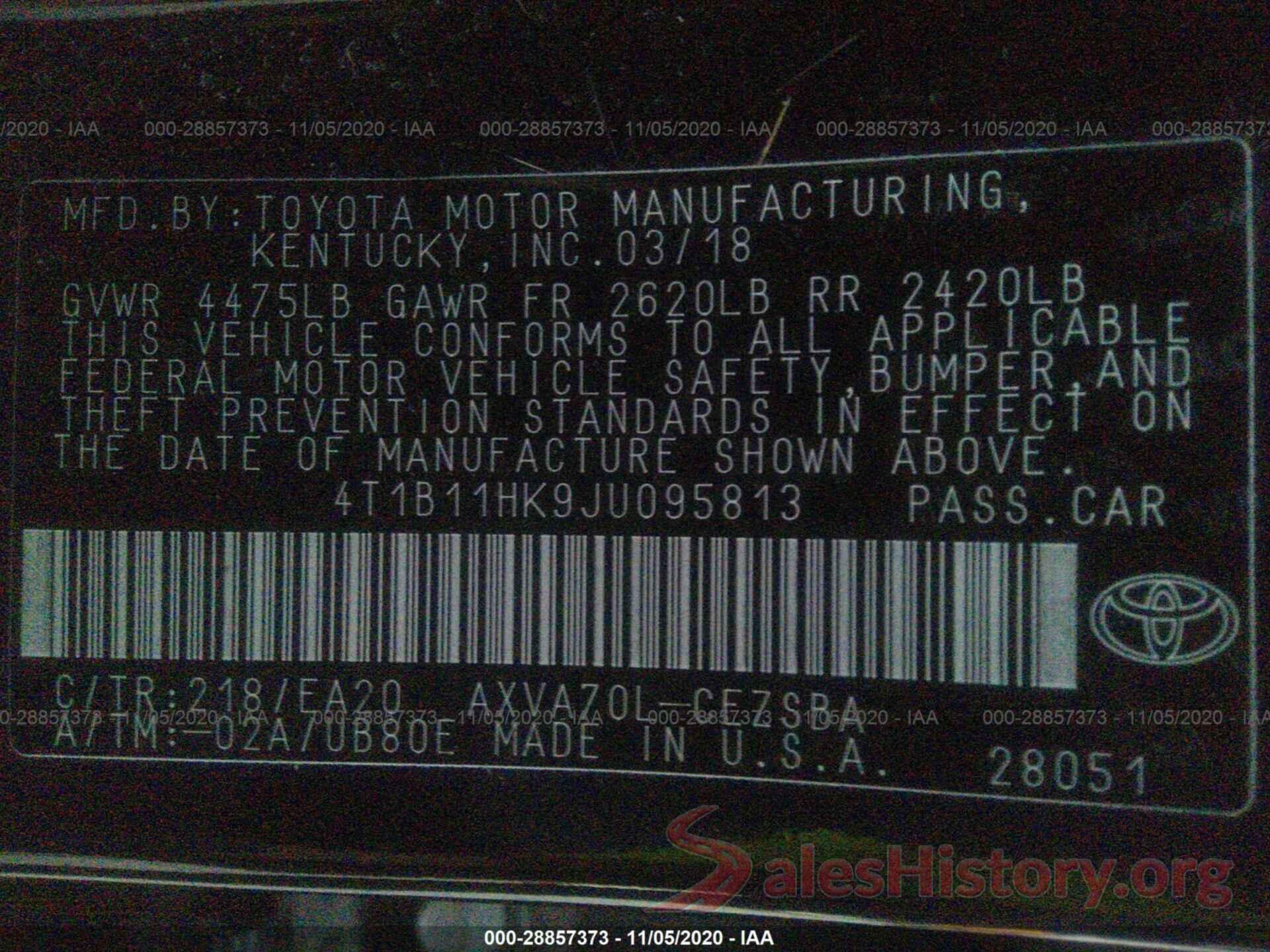 4T1B11HK9JU095813 2018 TOYOTA CAMRY