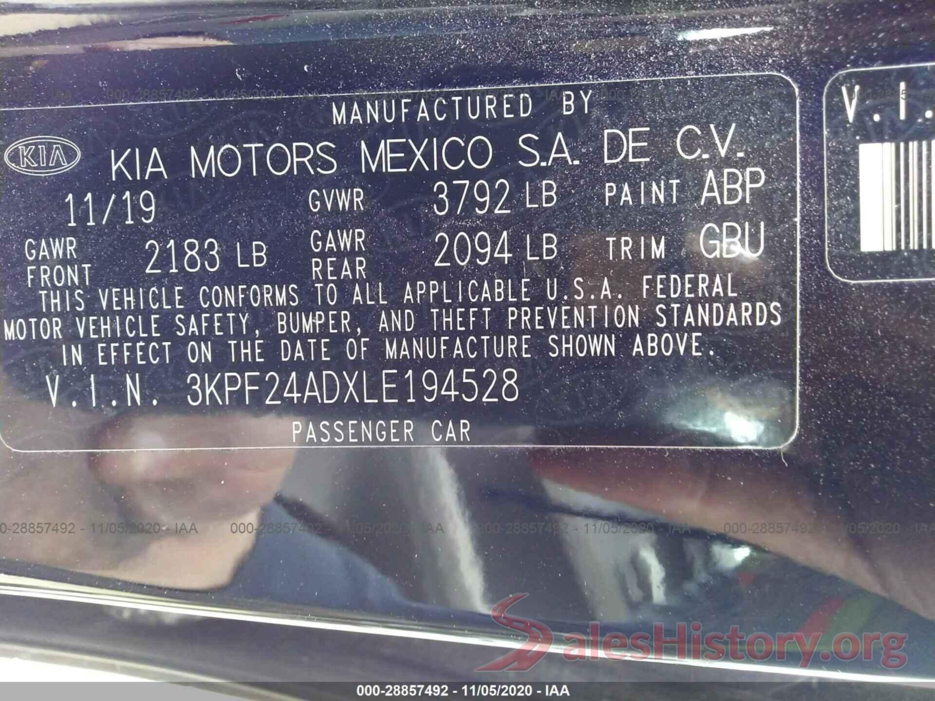 3KPF24ADXLE194528 2020 KIA FORTE