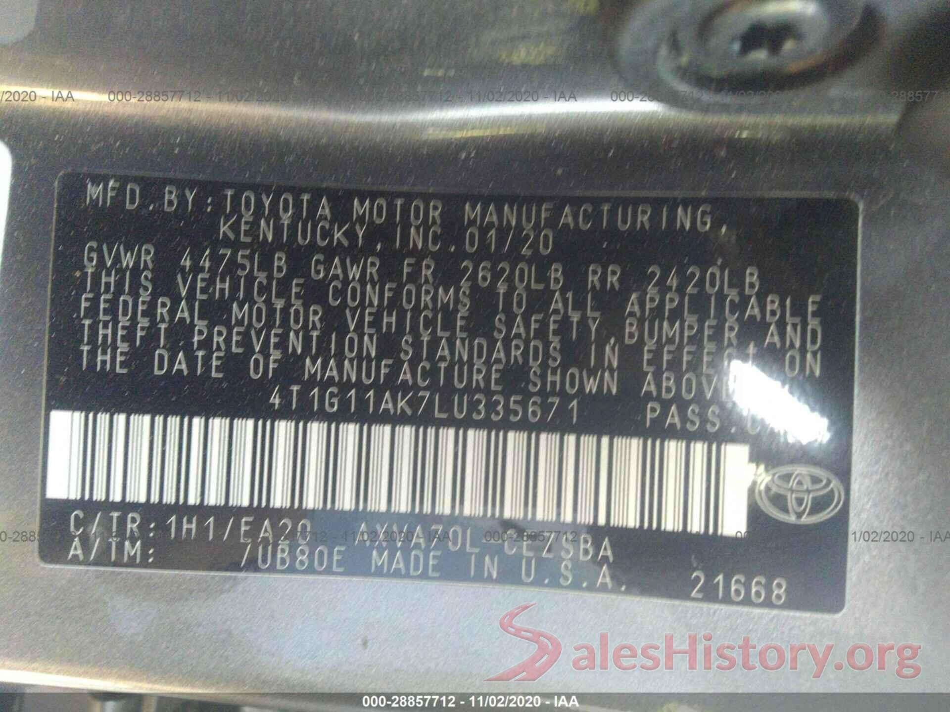 4T1G11AK7LU335671 2020 TOYOTA CAMRY