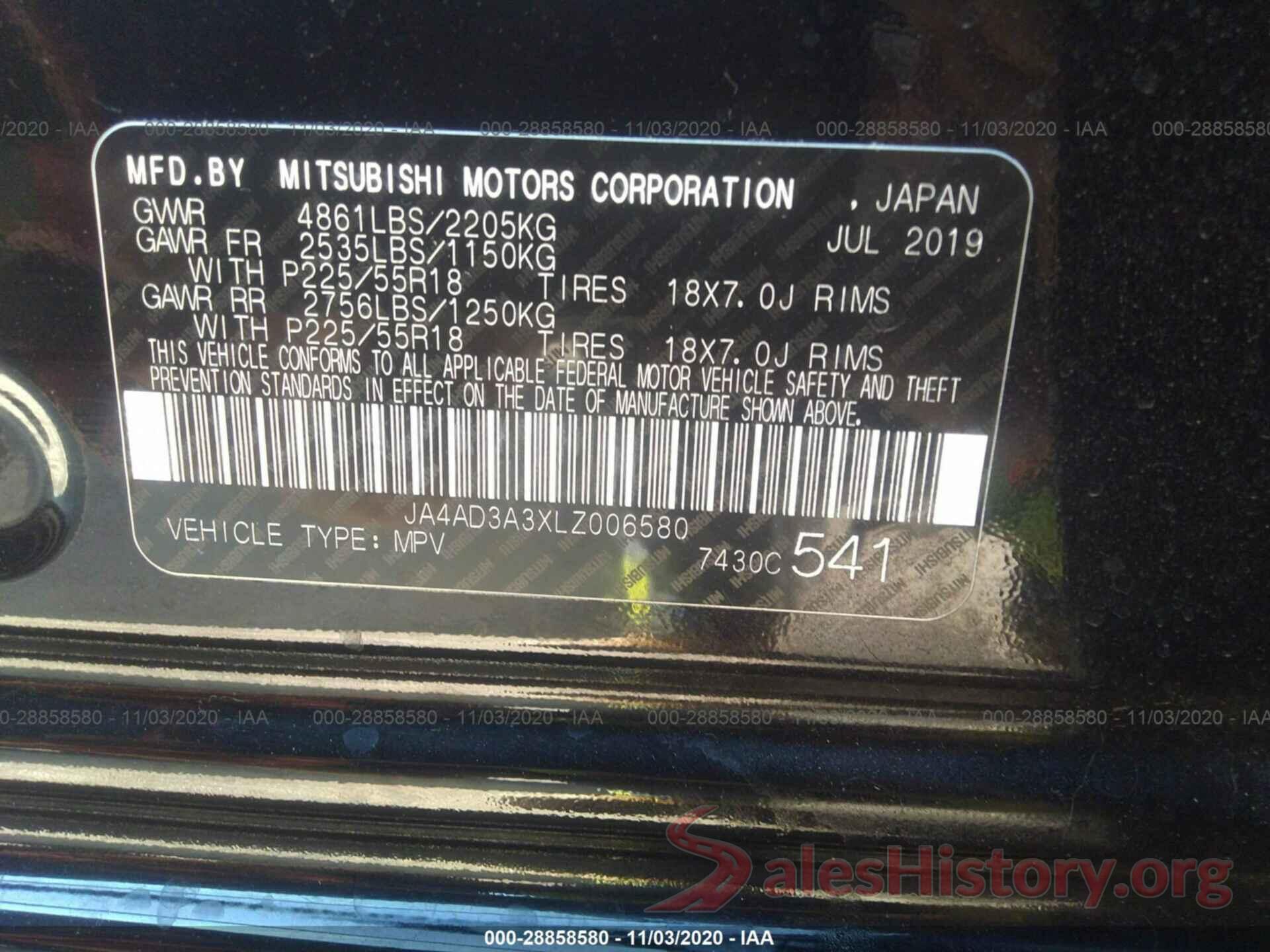 JA4AD3A3XLZ006580 2020 MITSUBISHI OUTLANDER