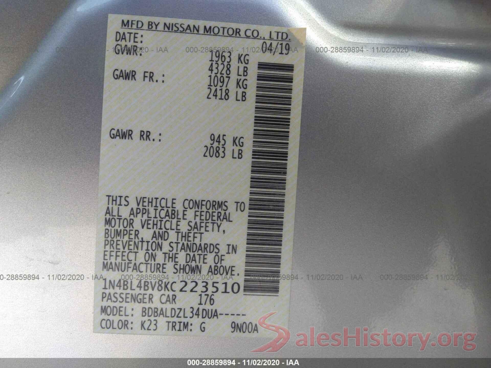 1N4BL4BV8KC223510 2019 NISSAN ALTIMA