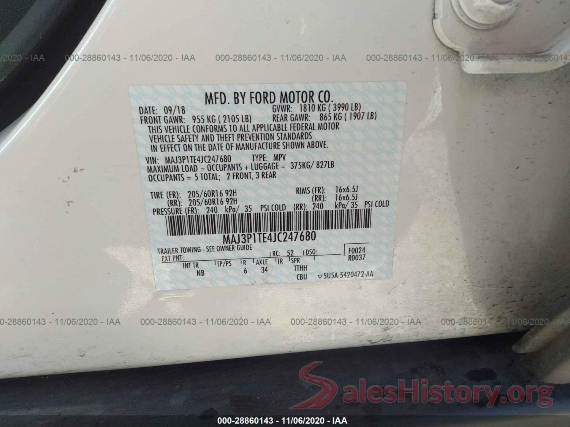 MAJ3P1TE4JC247680 2018 FORD ECOSPORT