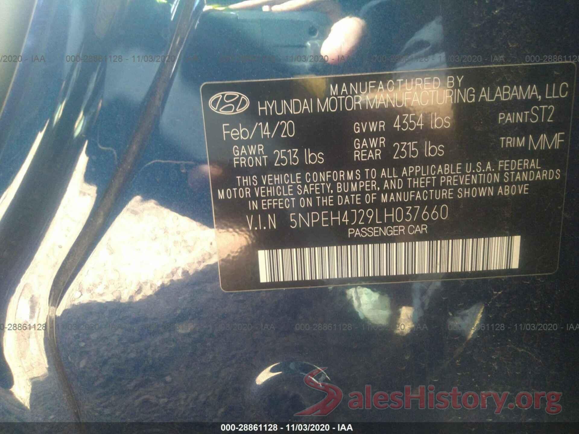 5NPEH4J29LH037660 2020 HYUNDAI SONATA