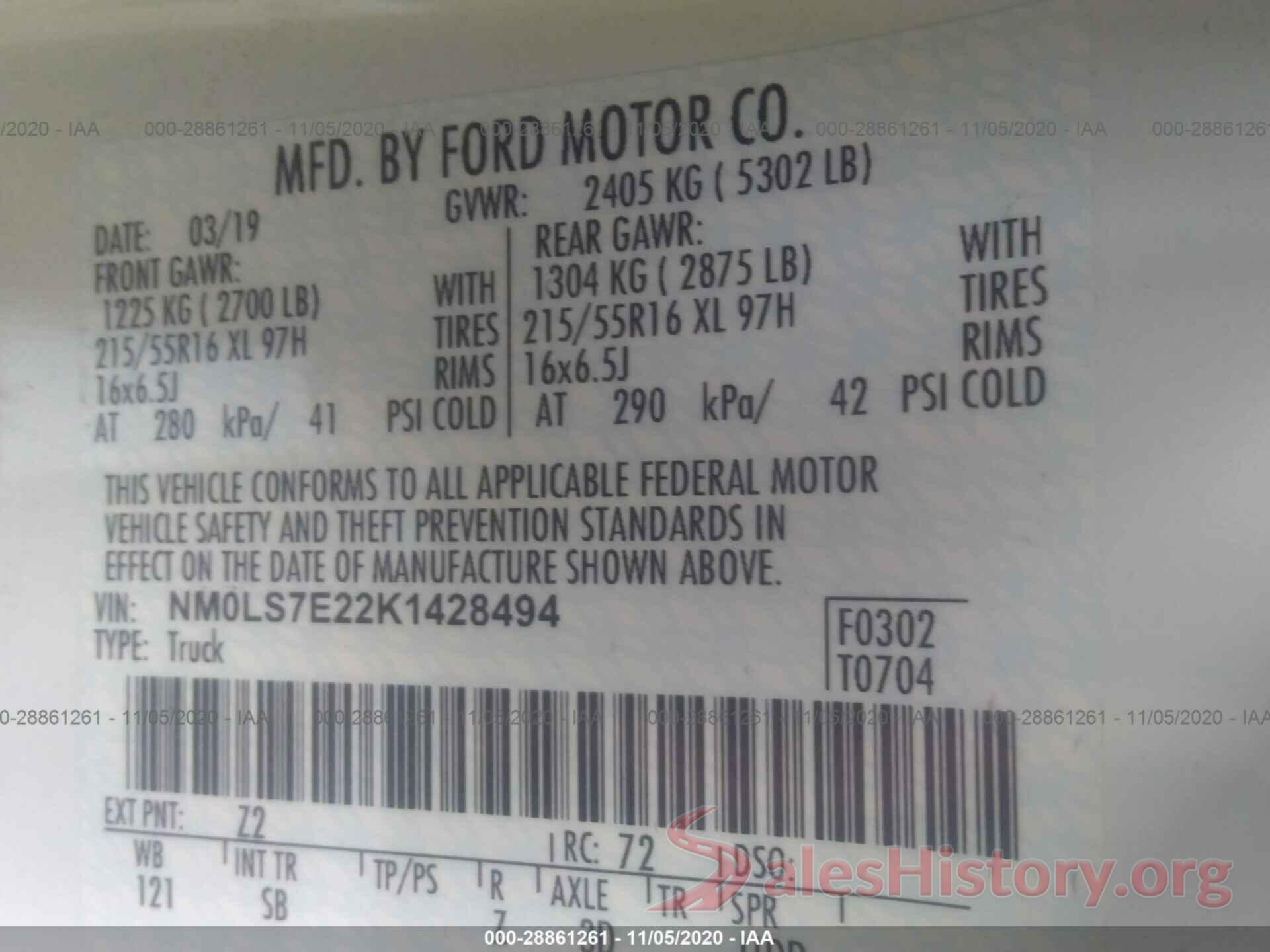 NM0LS7E22K1428494 2019 FORD TRANSIT CONNECT VAN