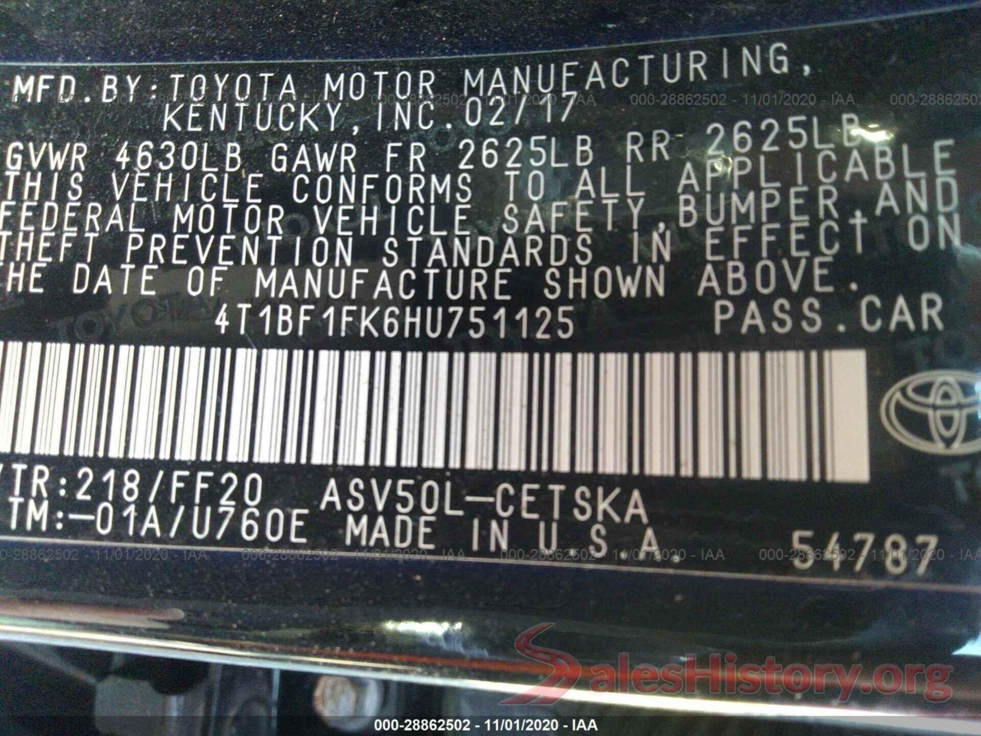 4T1BF1FK6HU751125 2017 TOYOTA CAMRY