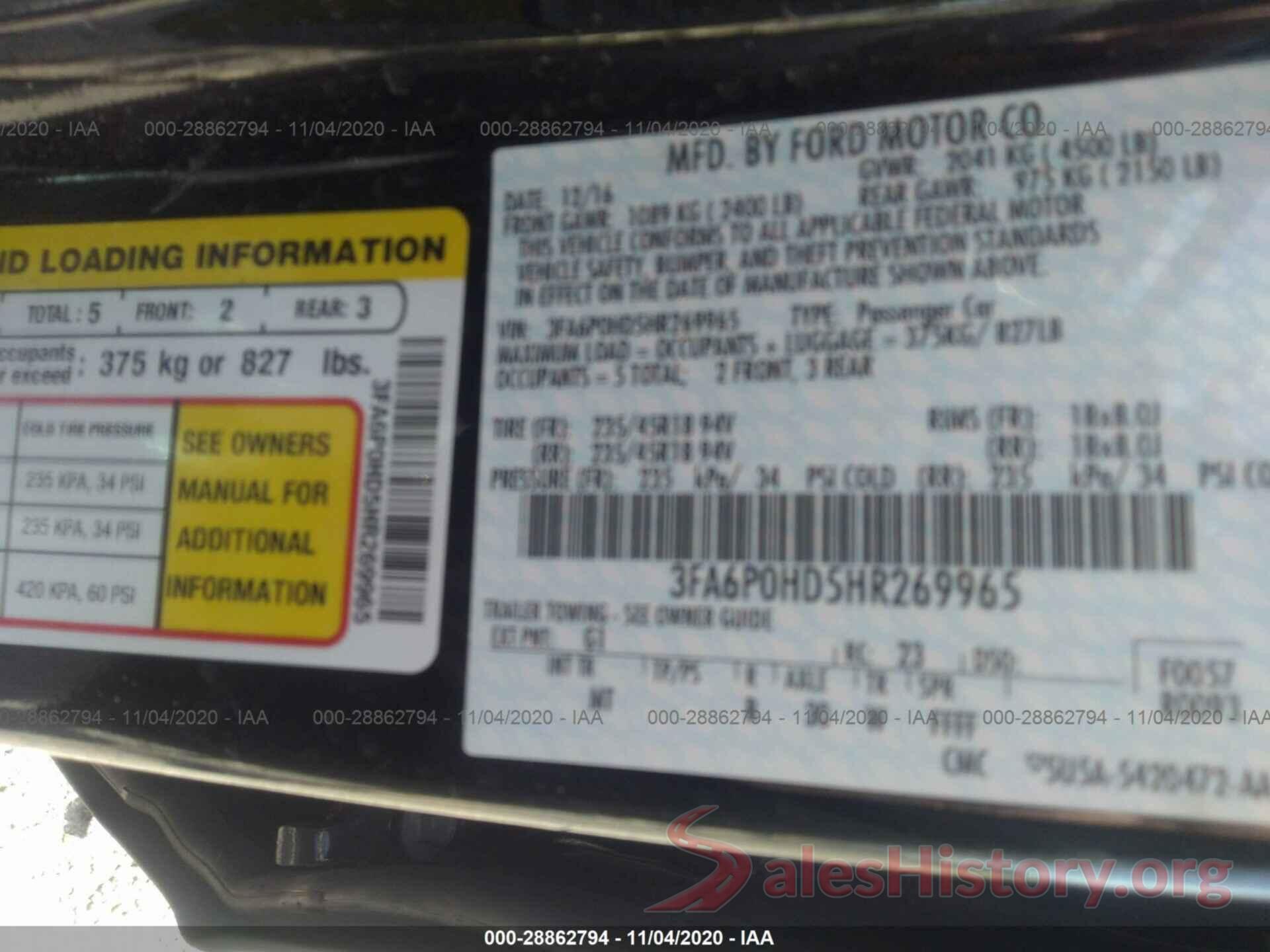 3FA6P0HD5HR269965 2017 FORD FUSION