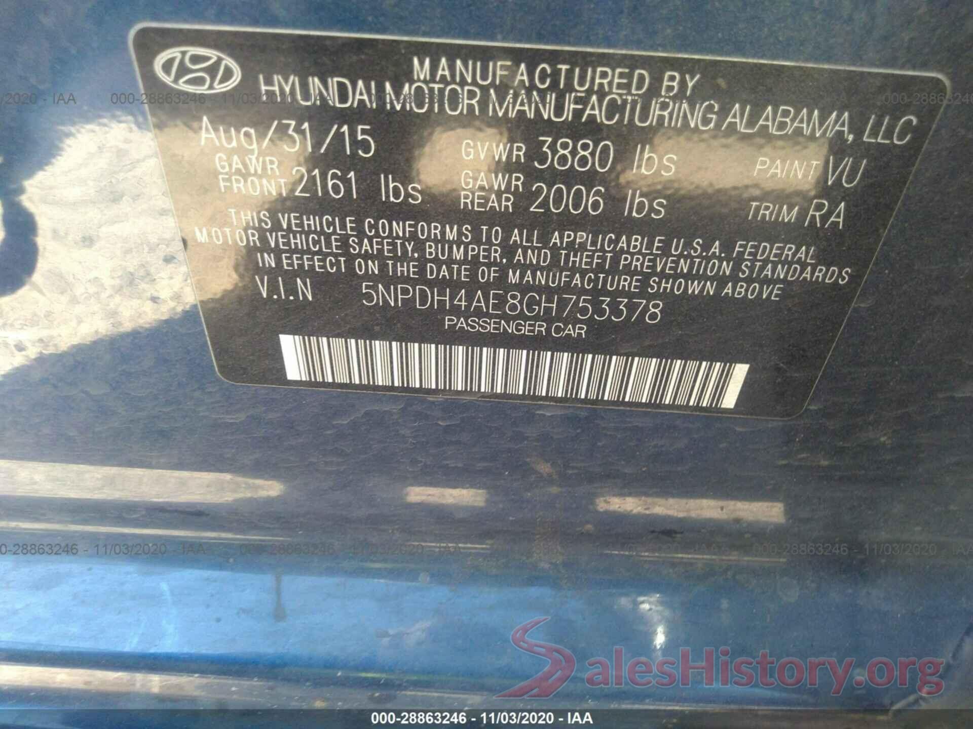 5NPDH4AE8GH753378 2016 HYUNDAI ELANTRA