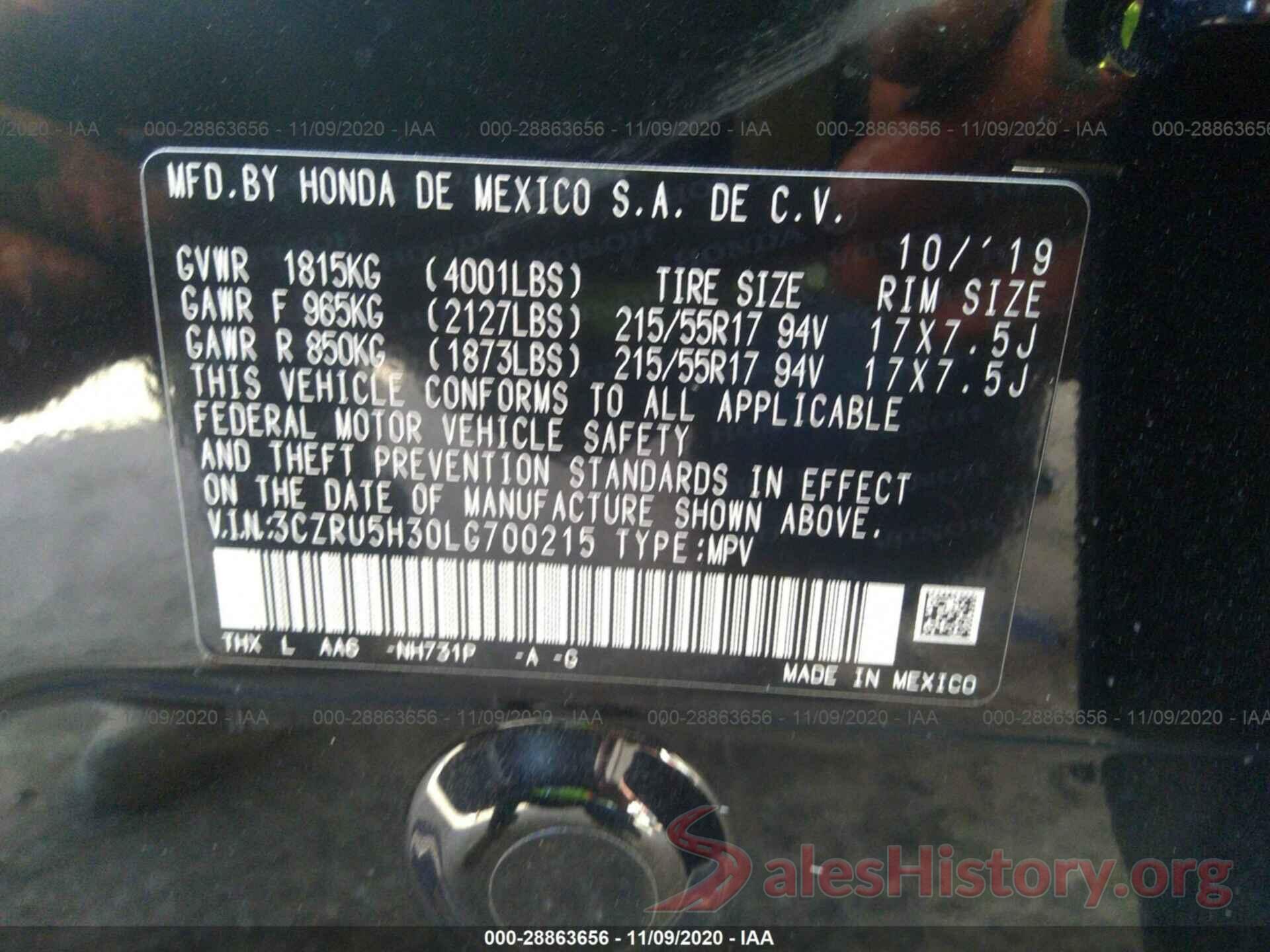 3CZRU5H30LG700215 2020 HONDA HR-V