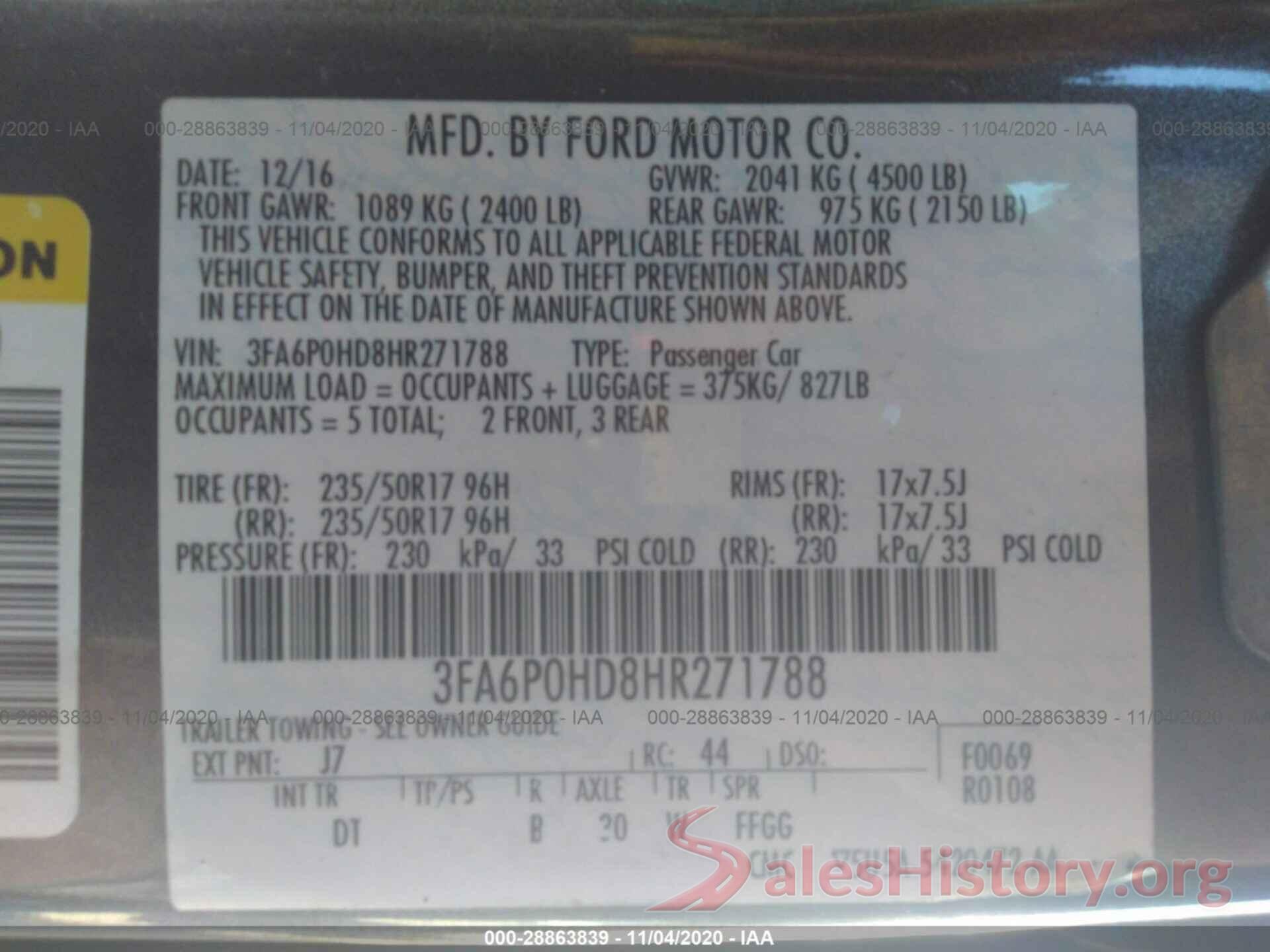 3FA6P0HD8HR271788 2017 FORD FUSION