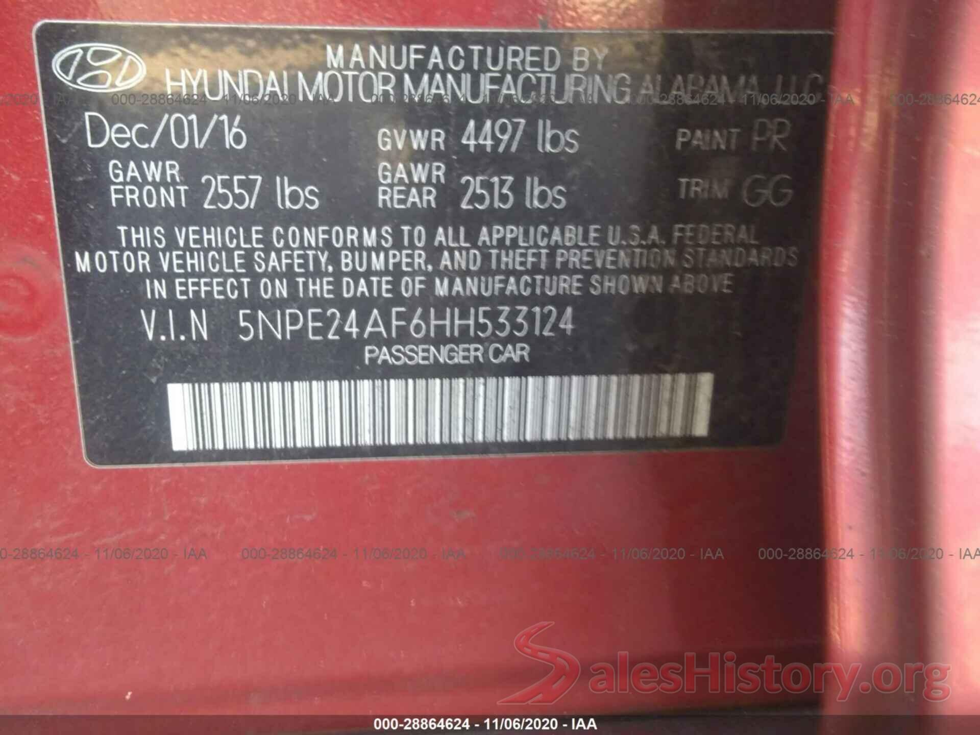 5NPE24AF6HH533124 2017 HYUNDAI SONATA