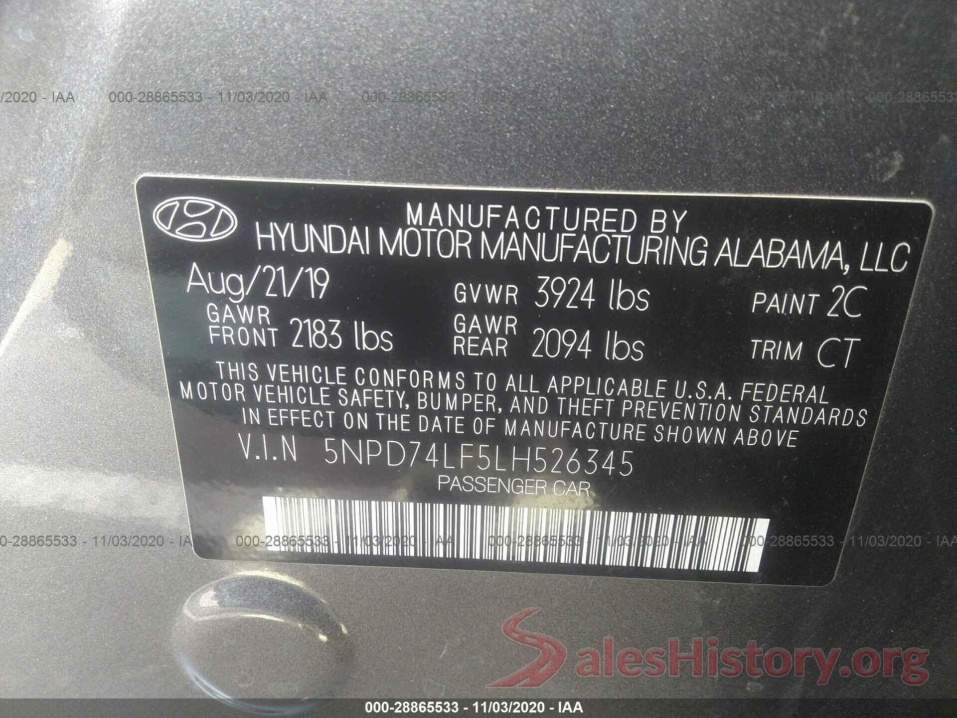 5NPD74LF5LH526345 2020 HYUNDAI ELANTRA