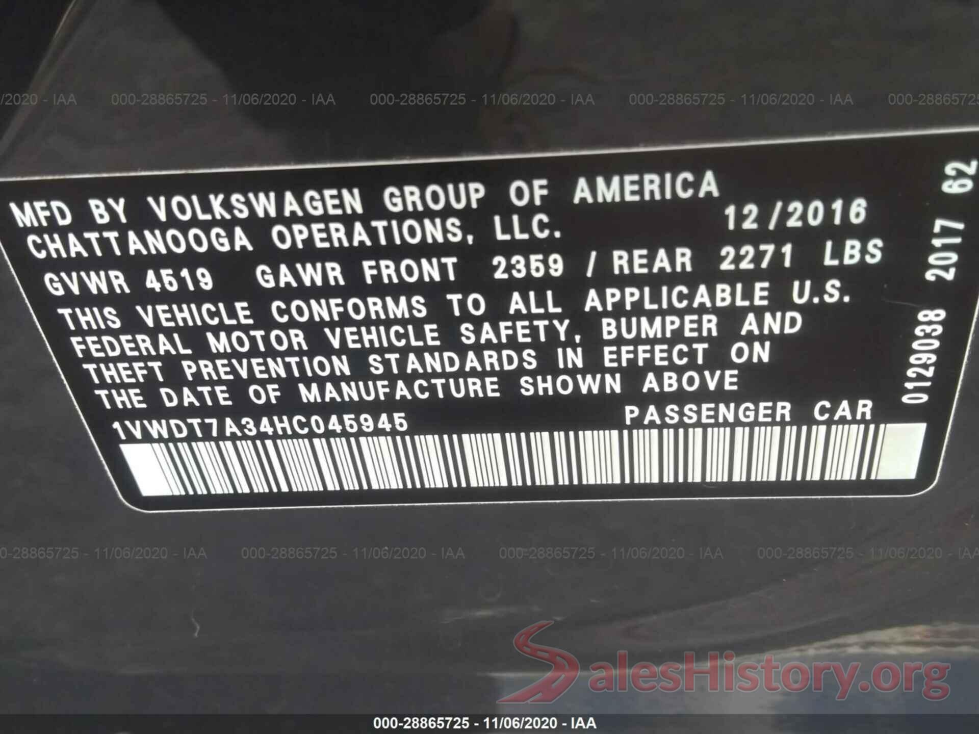 1VWDT7A34HC045945 2017 VOLKSWAGEN PASSAT