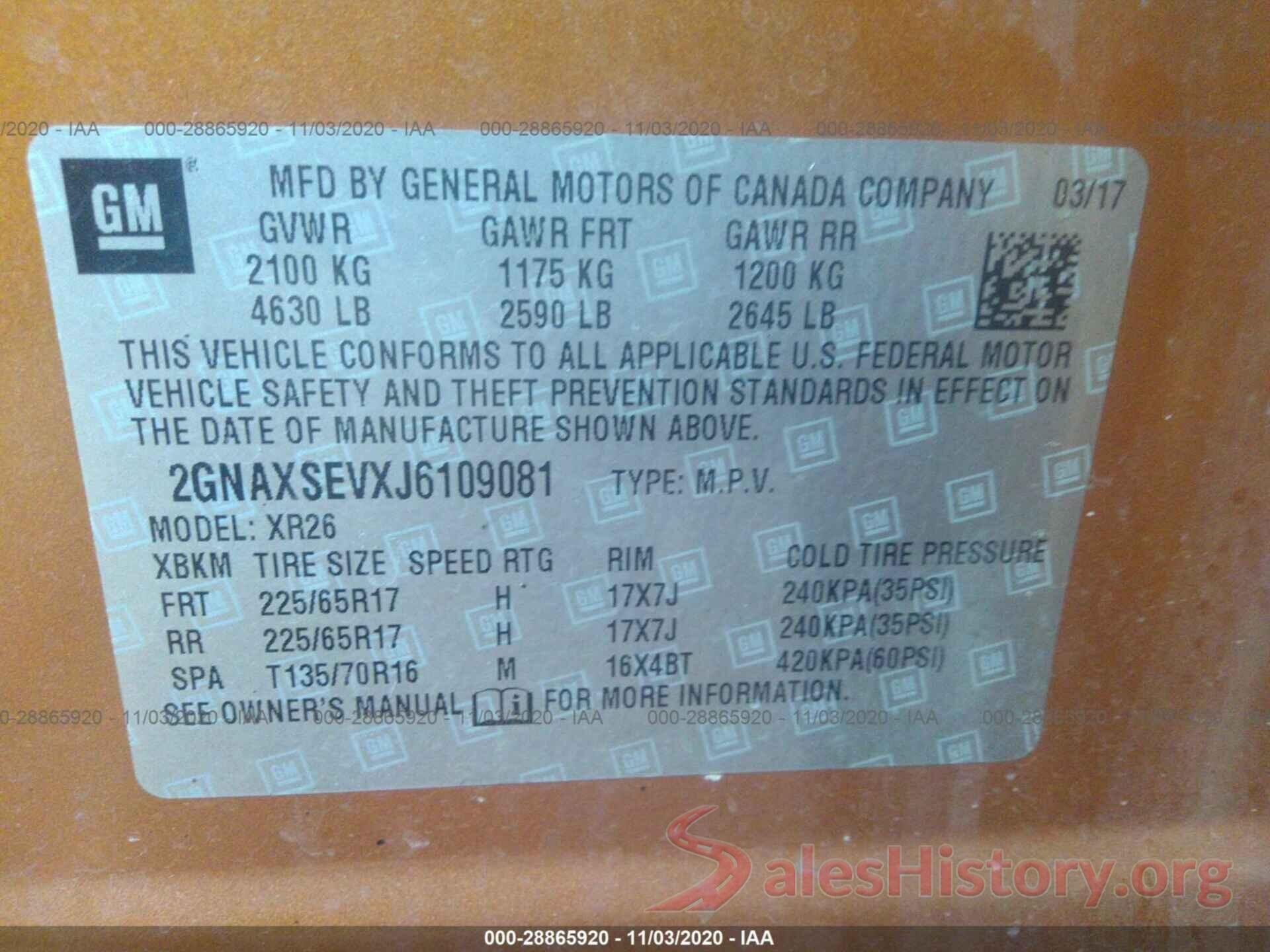 2GNAXSEVXJ6109081 2018 CHEVROLET EQUINOX