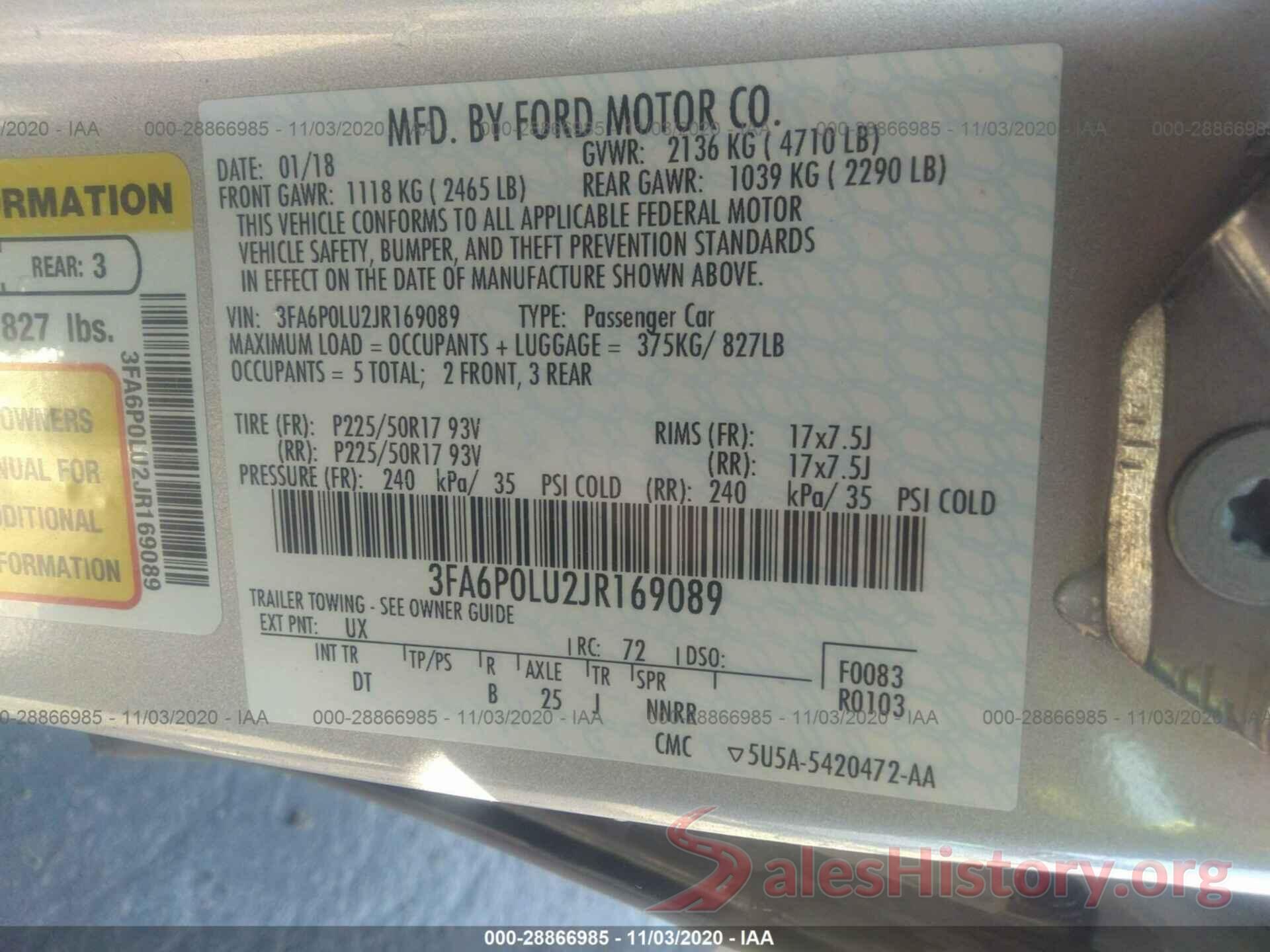 3FA6P0LU2JR169089 2018 FORD FUSION HYBRID