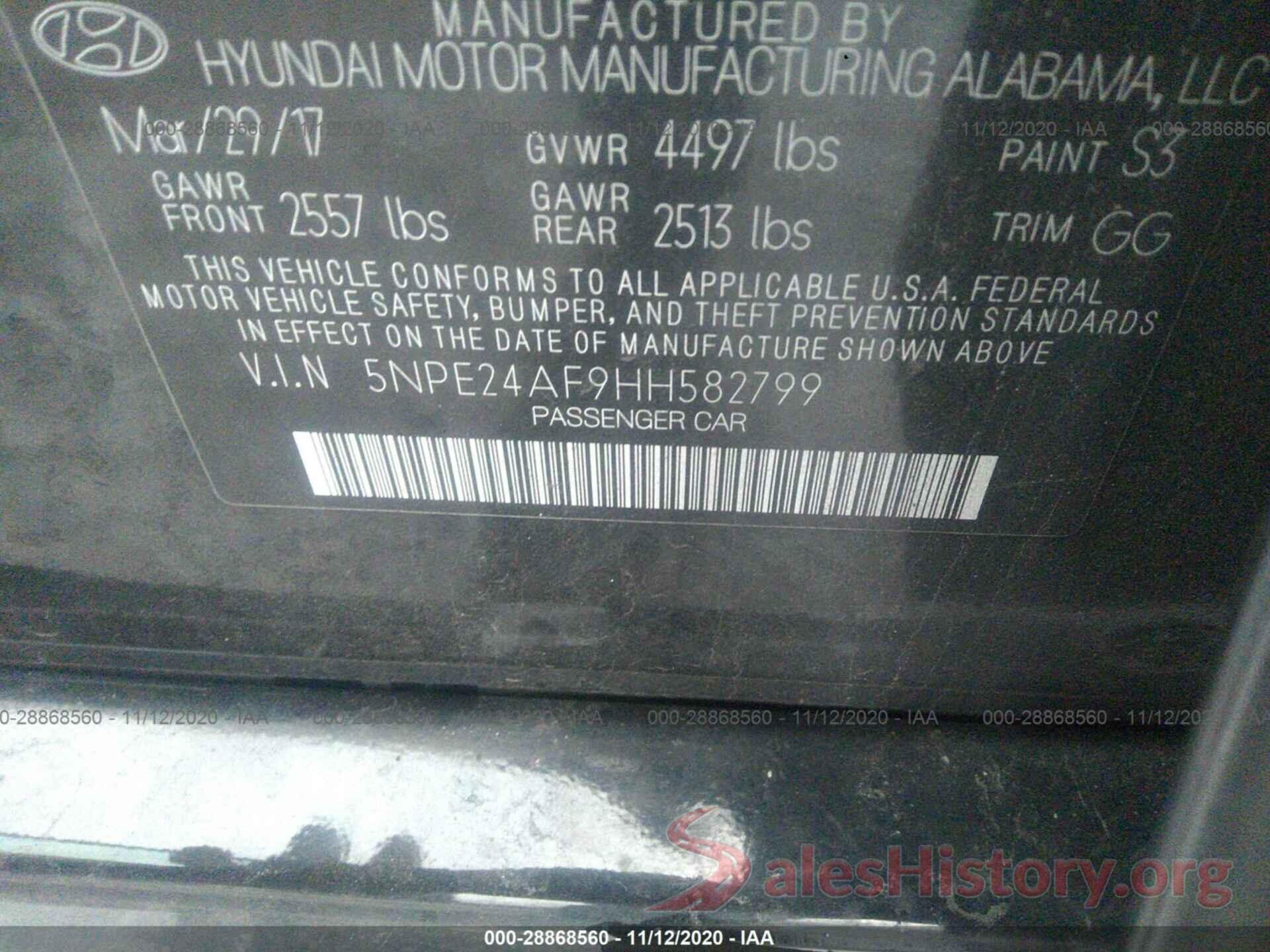 5NPE24AF9HH582799 2017 HYUNDAI SONATA