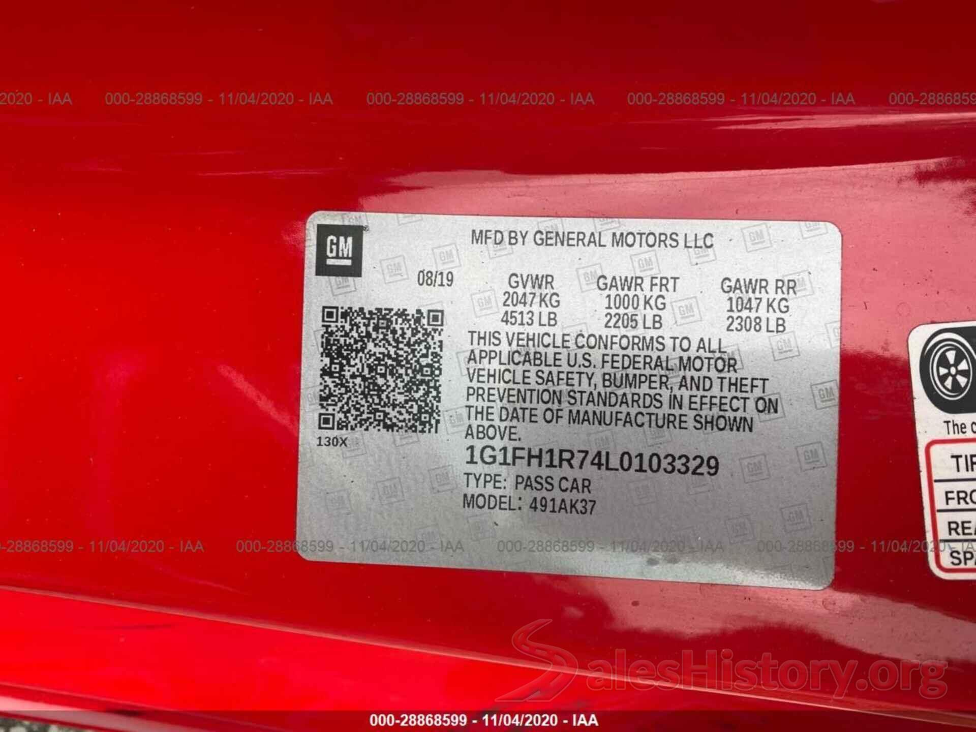 1G1FH1R74L0103329 2020 CHEVROLET CAMARO