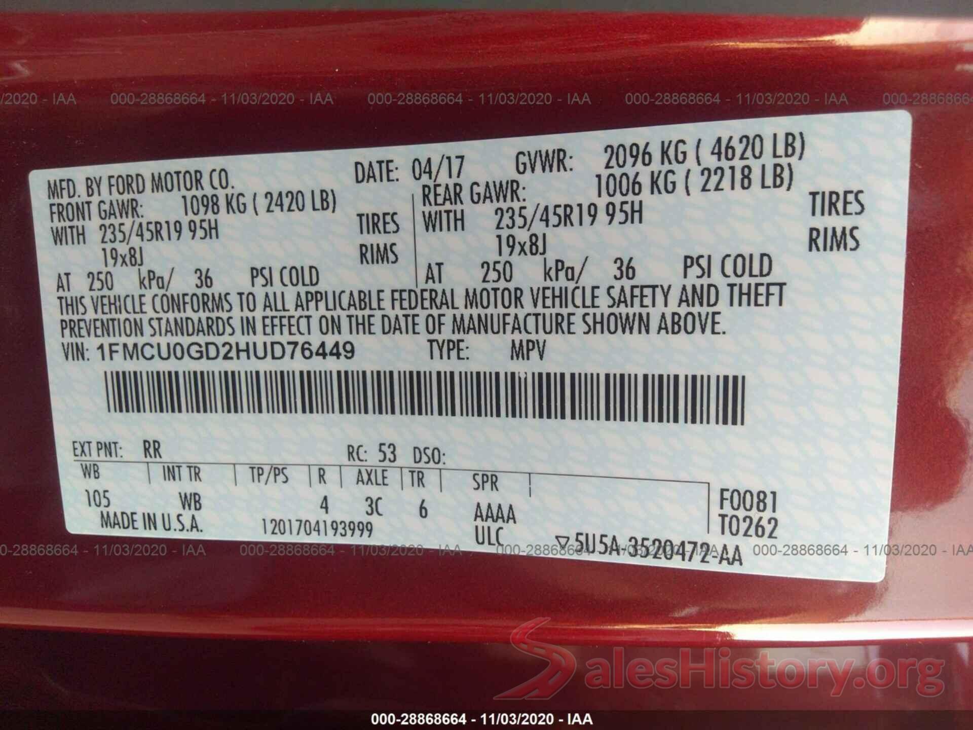 1FMCU0GD2HUD76449 2017 FORD ESCAPE