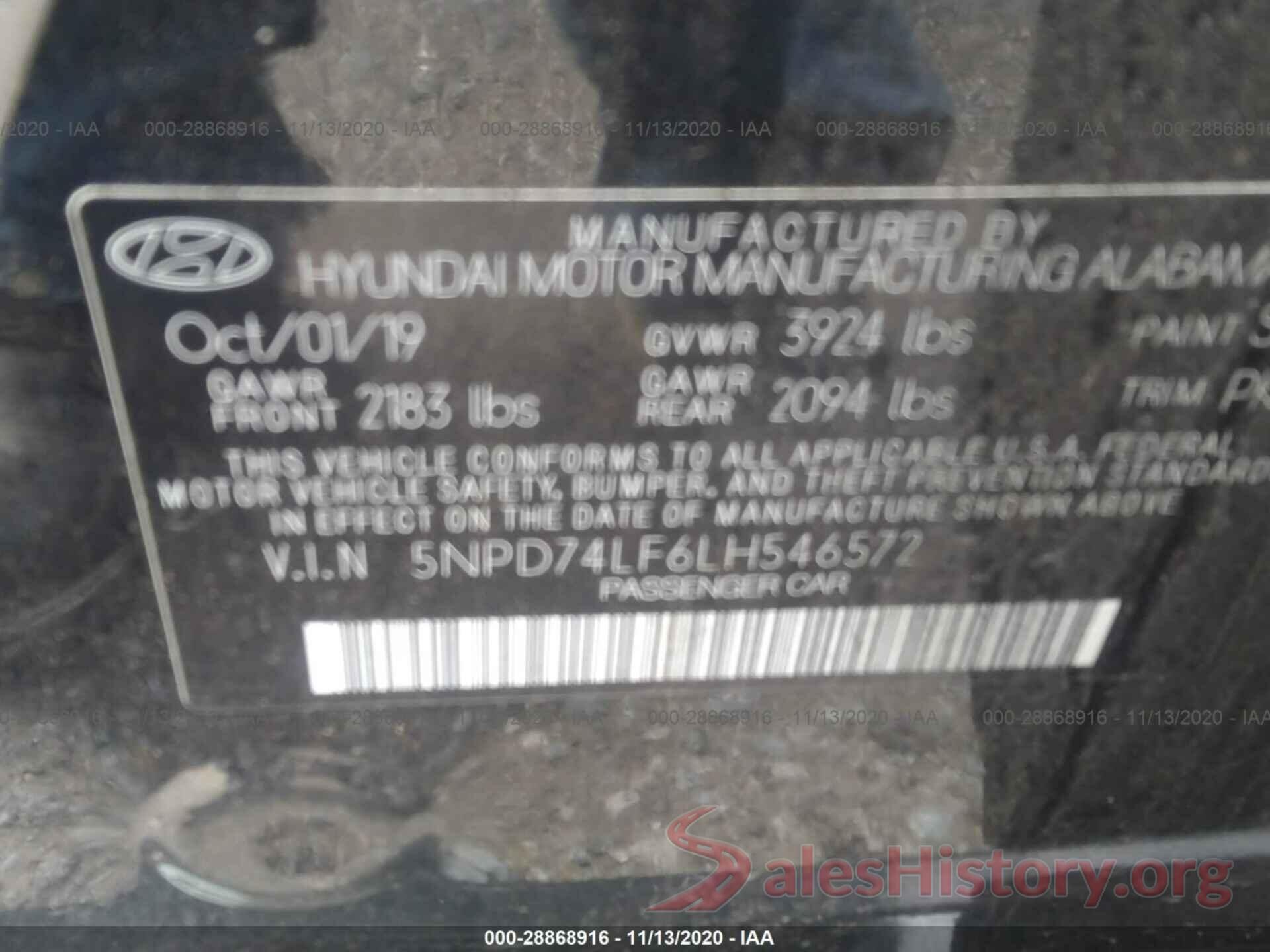 5NPD74LF6LH546572 2020 HYUNDAI ELANTRA